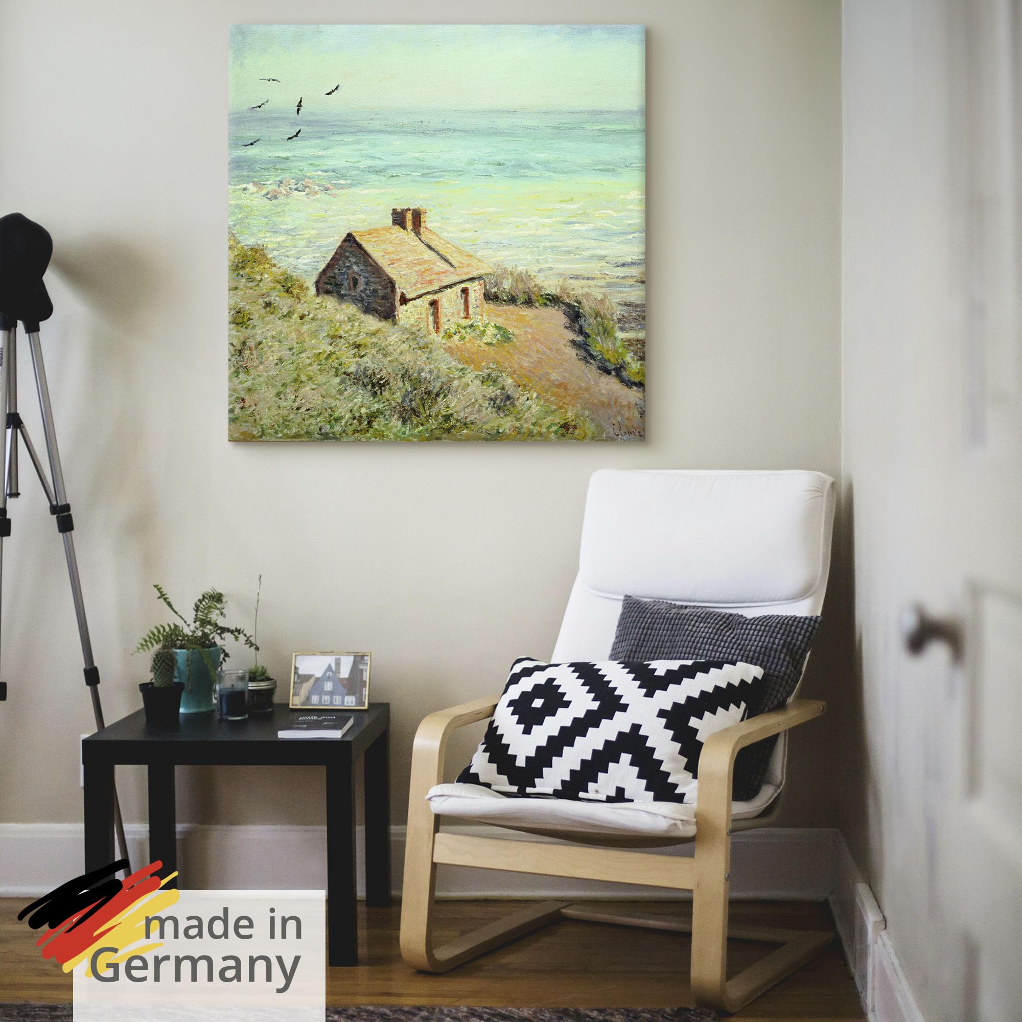 ARTLAND Wanddeko Leinwand Bilder Wandbild 50x50 cm Haus Landschaft Meer Strand Das Zollhäuschen im Morgenlicht 1882 Impressionismus Claude Monet T6UG