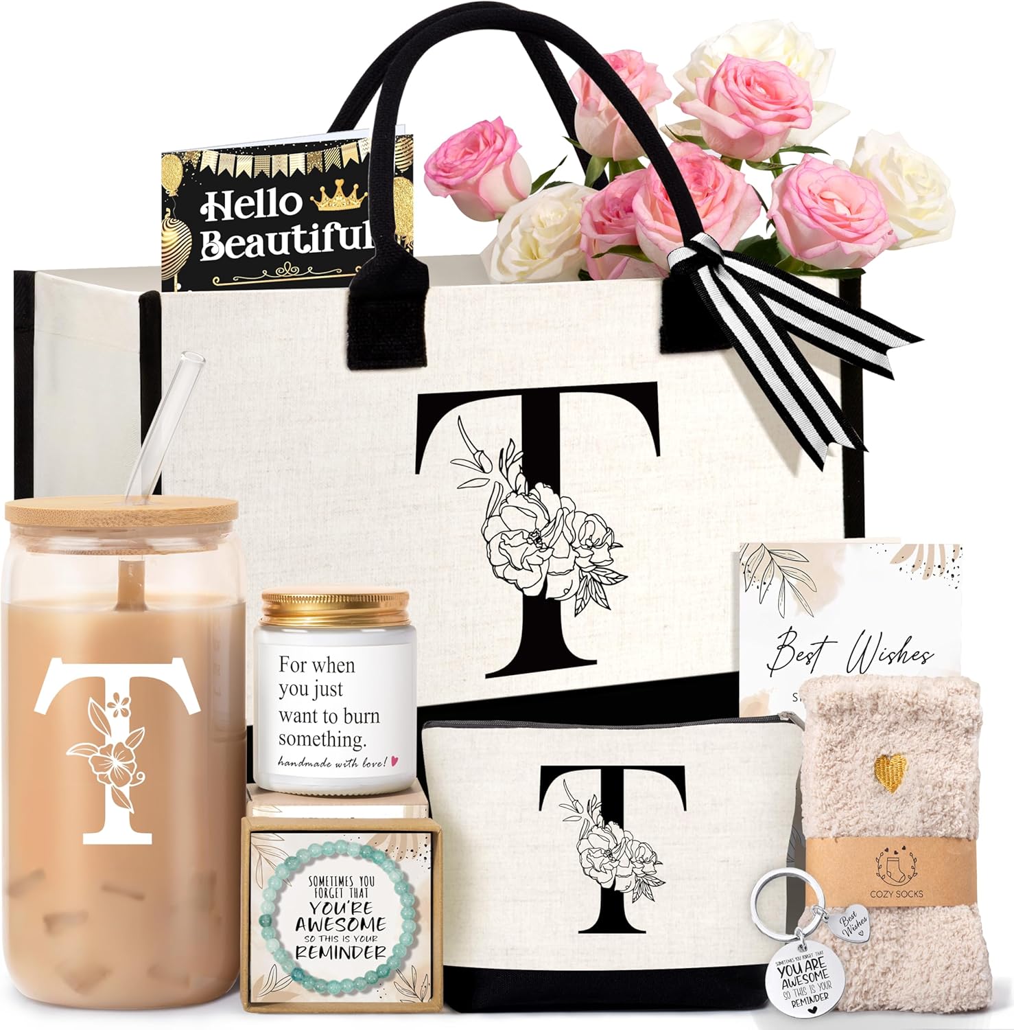 Birthday Gifts for Women, Monogrammed Initial Gift for Teacher Wife Mom, Tote Bag