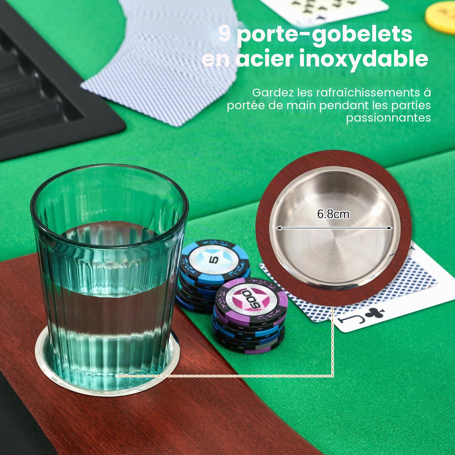 AVAWING Table de poker pour 10 joueurs, table de jeu avec 9 porte-gobelets, plateau à puce amovible et repose-bras rembourré, marron et vert