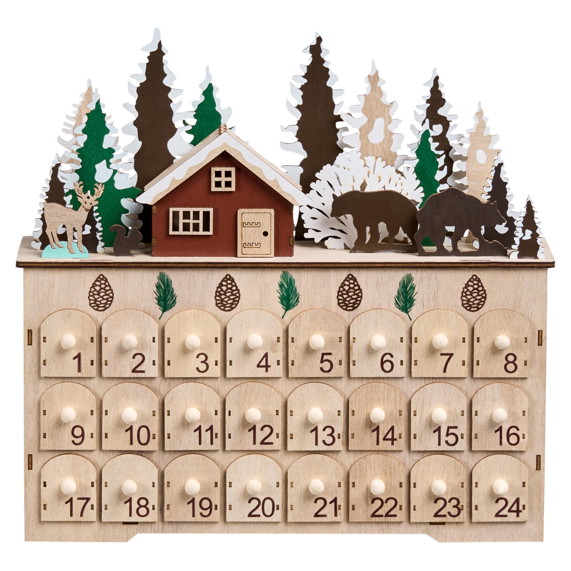 Weihnachtsdekoration Holz beleuchtet mit LED-Lichtern Adventskalender batteriebetrieben winterliche Landschaft Hellbraun Helin