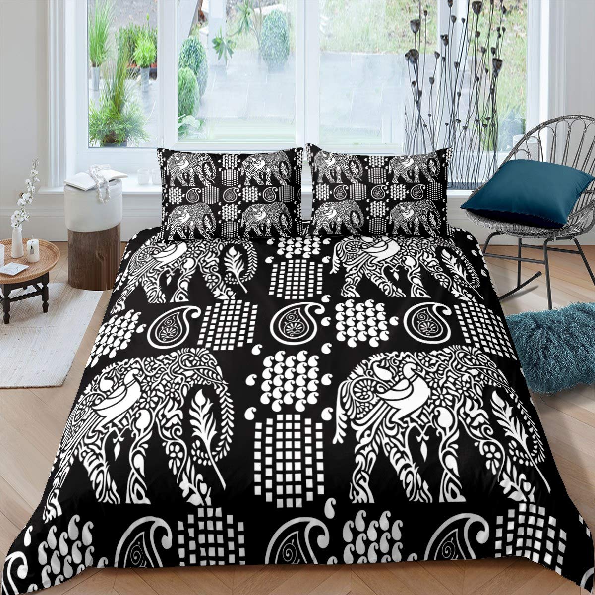 Loussiesd Elephant Bedding Set Boho Exotic Style Comforter Cover for Kids Adult Wild Animal Duvet Cover Ethnic Elephant Bedspread Cover Room Decor Black White 3Pcs with 2 Pillowcase Super King