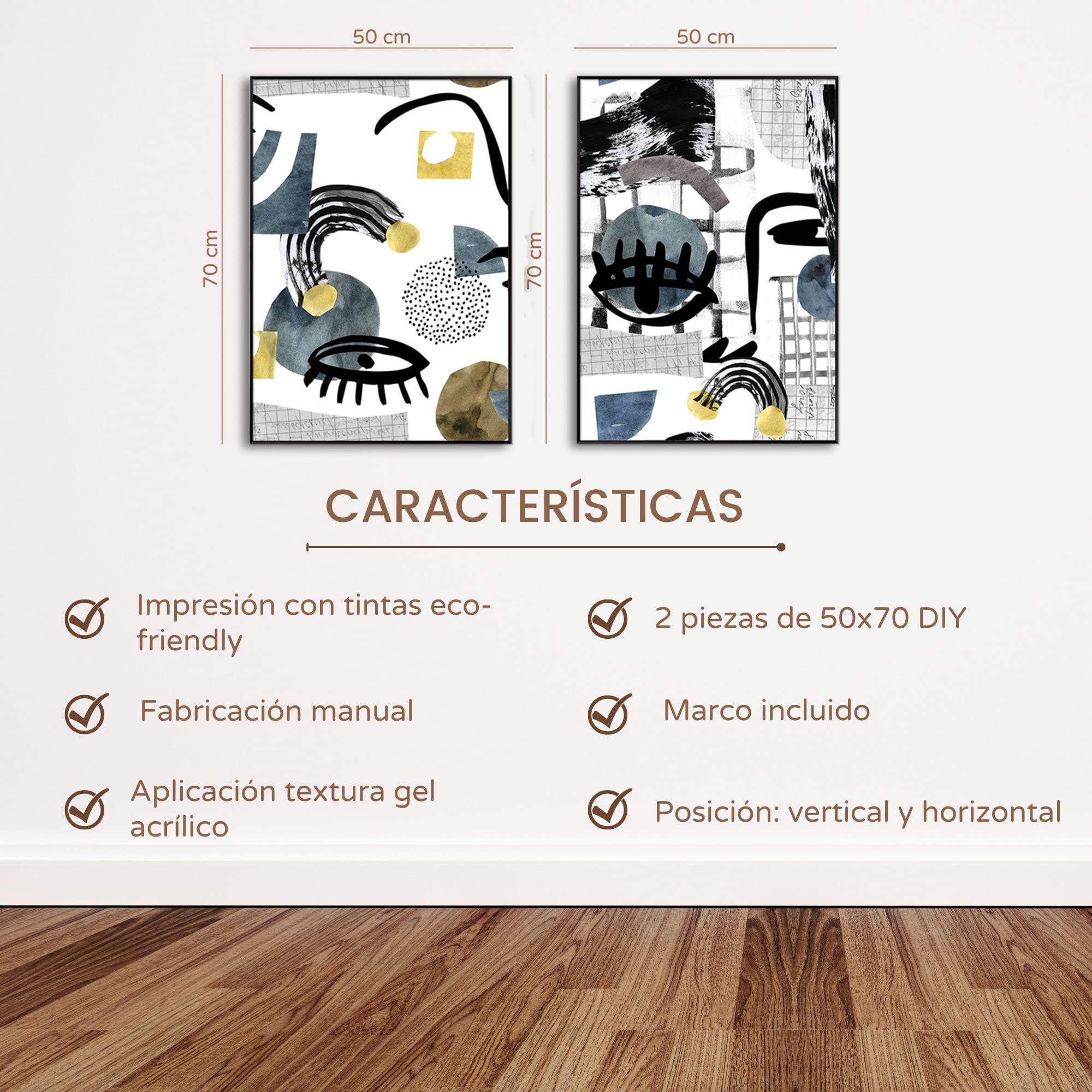 DekoArte Set de 2 cuadros con marco negro impresión estilo arte abstracto picasso en tonos blancos, negros, azules, listos para colgar