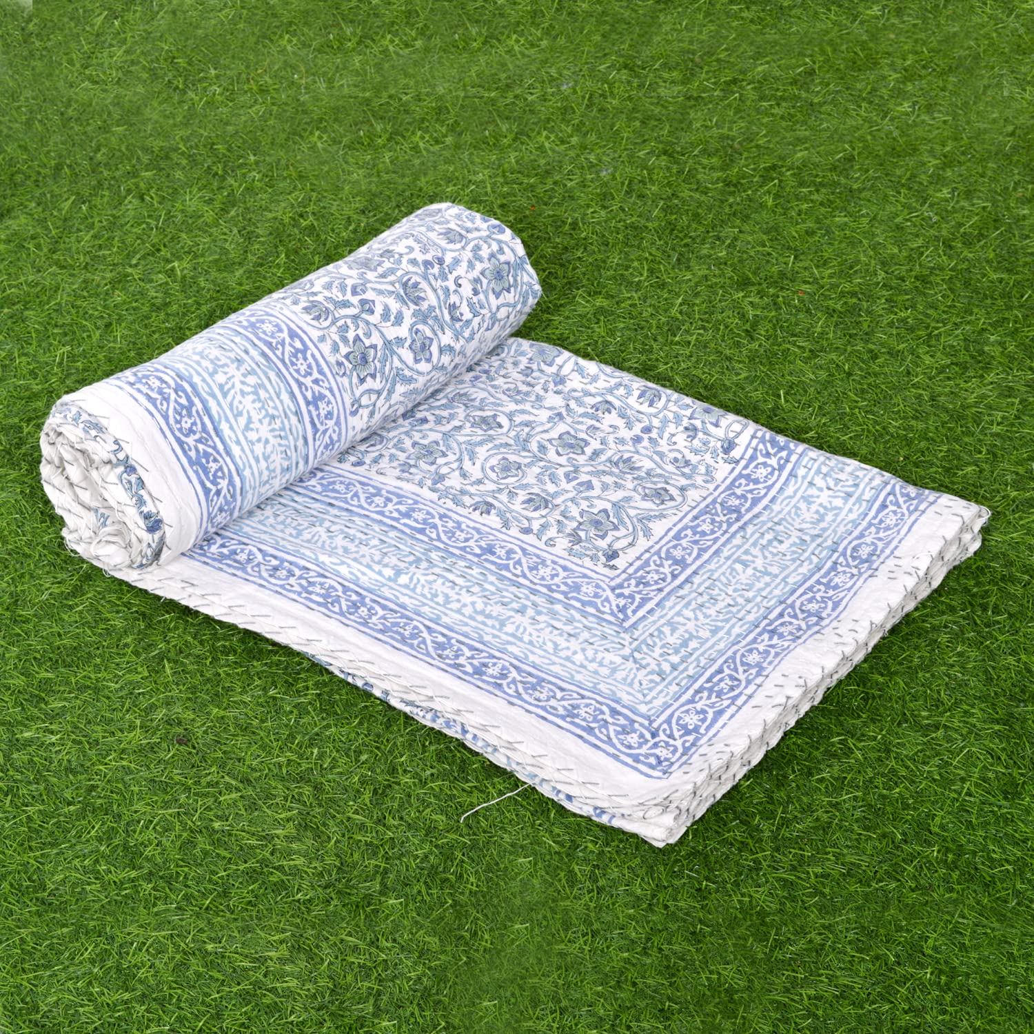 V Vedant Designs Hand Block Floral Print Kantha Quilt, Cotton Kantha Bed Cover, Indian Kantha Quilt,Twin Kantha Bedspread, Handmade Kantha Coverlet Blanket (Block 04)