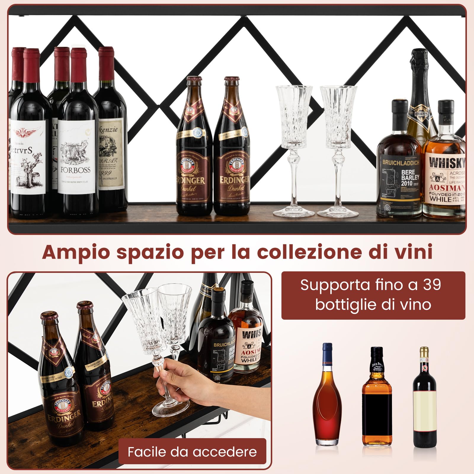 COSTWAY Portabottiglie da Parete, Scaffale per Esposizione di Vino con 6 File di Portabicchieri, Scaffale per Conservare 39 Bottiglie e 12 Bicchieri, Adatto per Cucina, Soggiorno, Sala da Pranzo