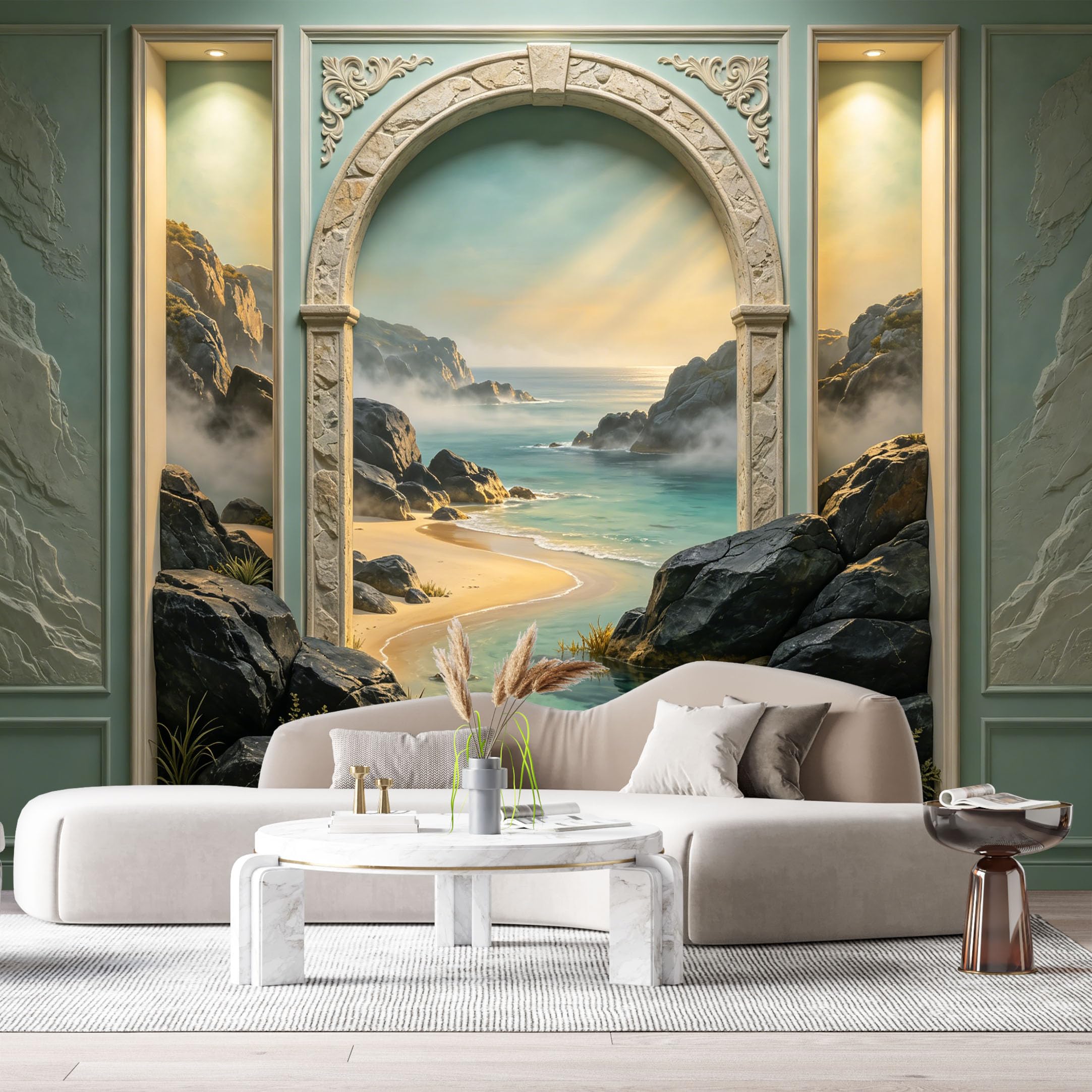 Custom Size Wall Murals Coastal Archway Sea Landscape 3D Trompe L'Oeil SelfAdhesiveWall Fabric Removable Wallpaper Wall Decor for Living Room Bedroom Bathroom