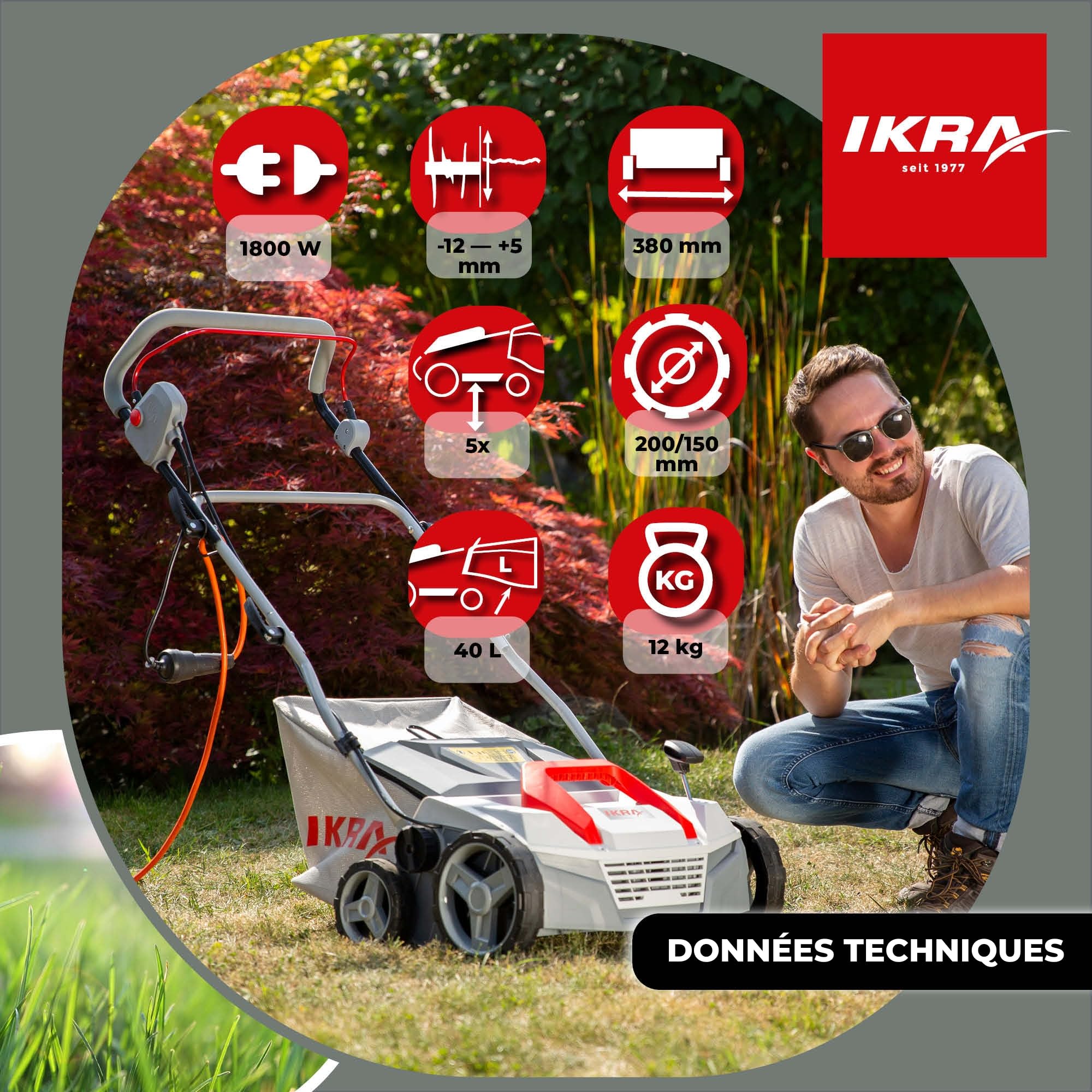 IKRA scarificateur-aérateur électrique IEVL 1838, largeur 38 cm, 1 800 W | Bac de ramassage de 40 l, profondeur de travail de +5 à –12 mm, changement de rouleau sans outil, appareil 2 en 1