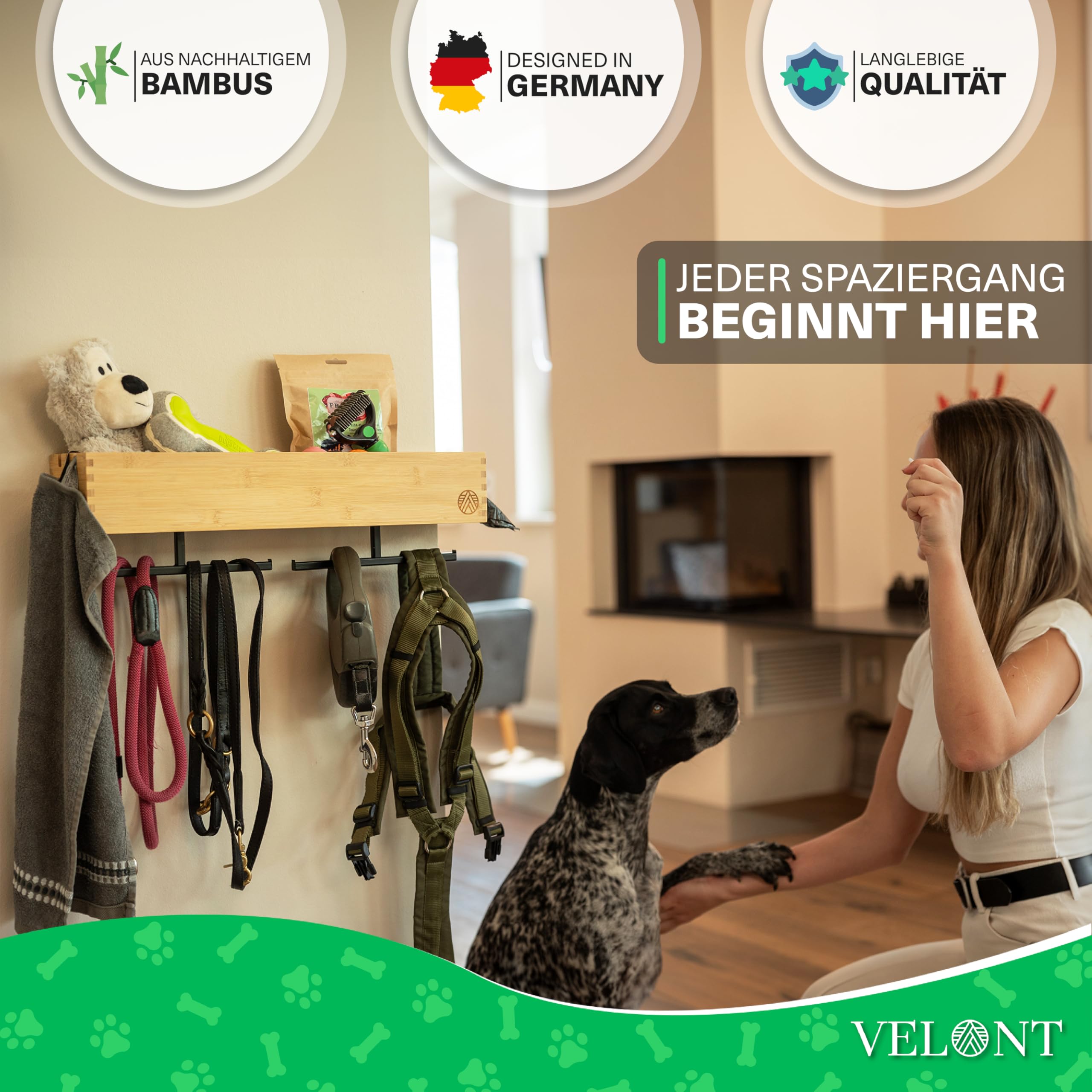 VELONT Perchero XXL con estante, perfecto aparcamiento de lino, bambú respetuoso con el medio ambiente, estación para ropa y accesorios, marca alemana, incluye dispensador de bolsas de excrementos,