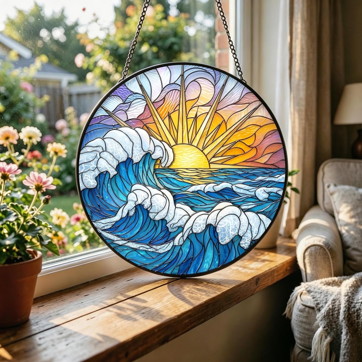 Stained Glass Window Hanging, Ocean Sunrise 3D Embossed Diamond Glass Suncatcher, Basic 3-Piece Set