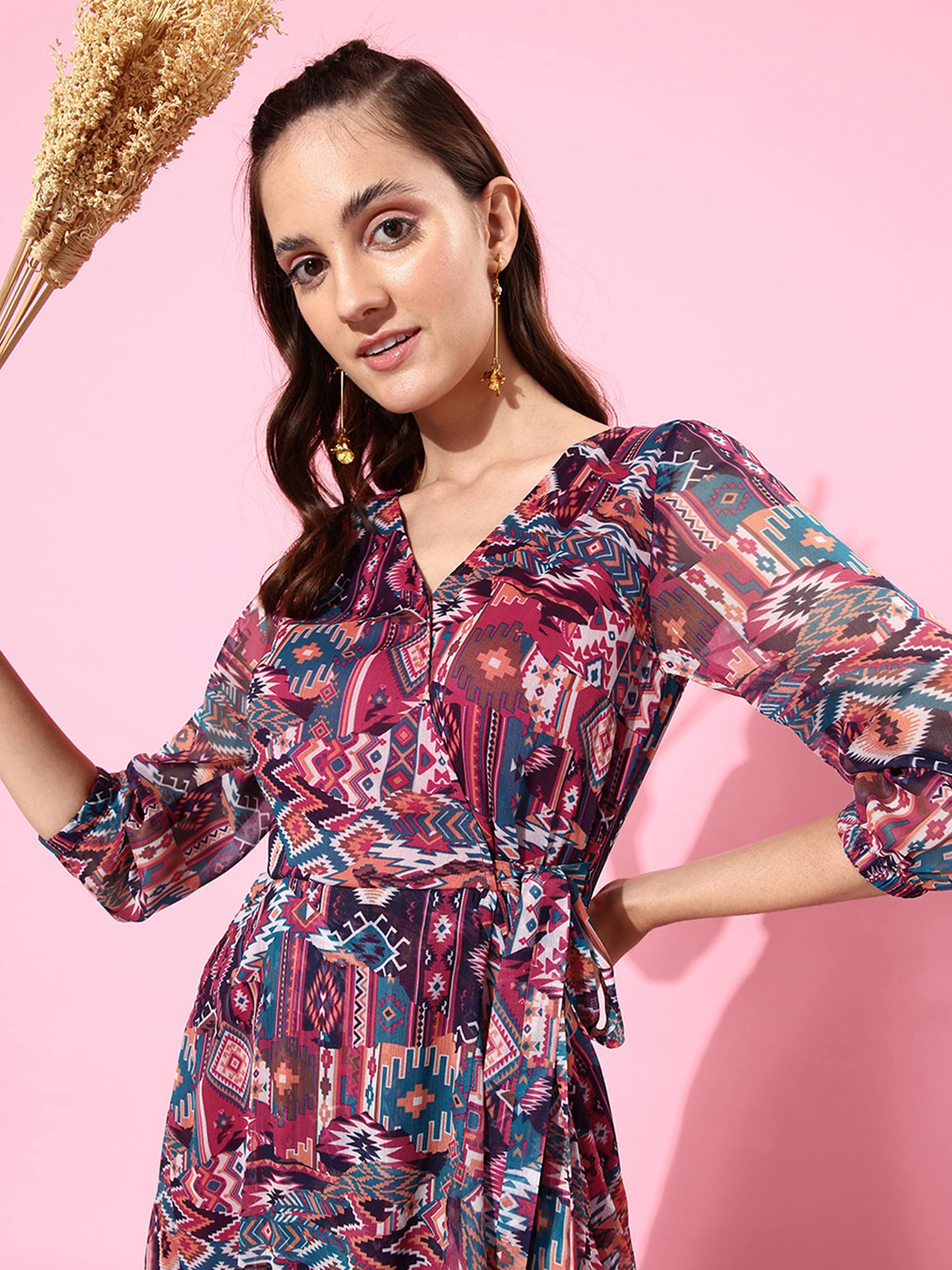 Miss Chase Women's V Neck Flared Sleeve Floral Wrap Chiffon Maxi Dress With Pocket (Mcaw21D14-94-224-07, Multicolored, 2Xl)