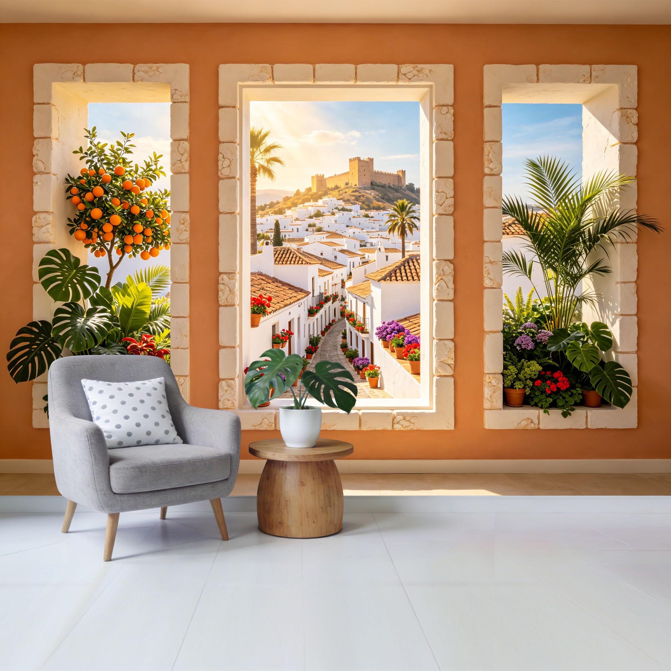 Removable Self Adhesive Fabric Mural， Mediterranean Town Castle Landscape Custom Size Wall Covering， UV Protected Waterproof Washable Wall Decor for Living Room Bedroom Bathroom