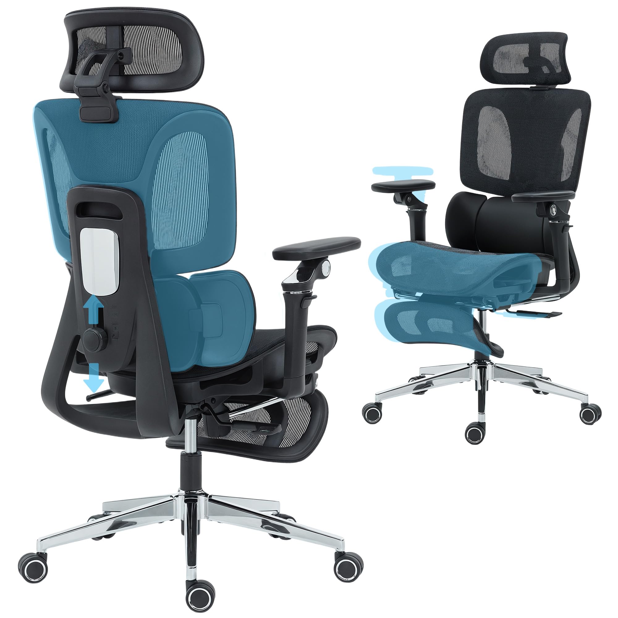 HOMCOM Ergonomic Office Chair, High Back Mesh Desk Chair with Separated Backrest, Adjustable 3-Stage Lumbar Support, Seat Depth and Headrest, 6D Flip-up Armrests, Footrest for Home Office, Black