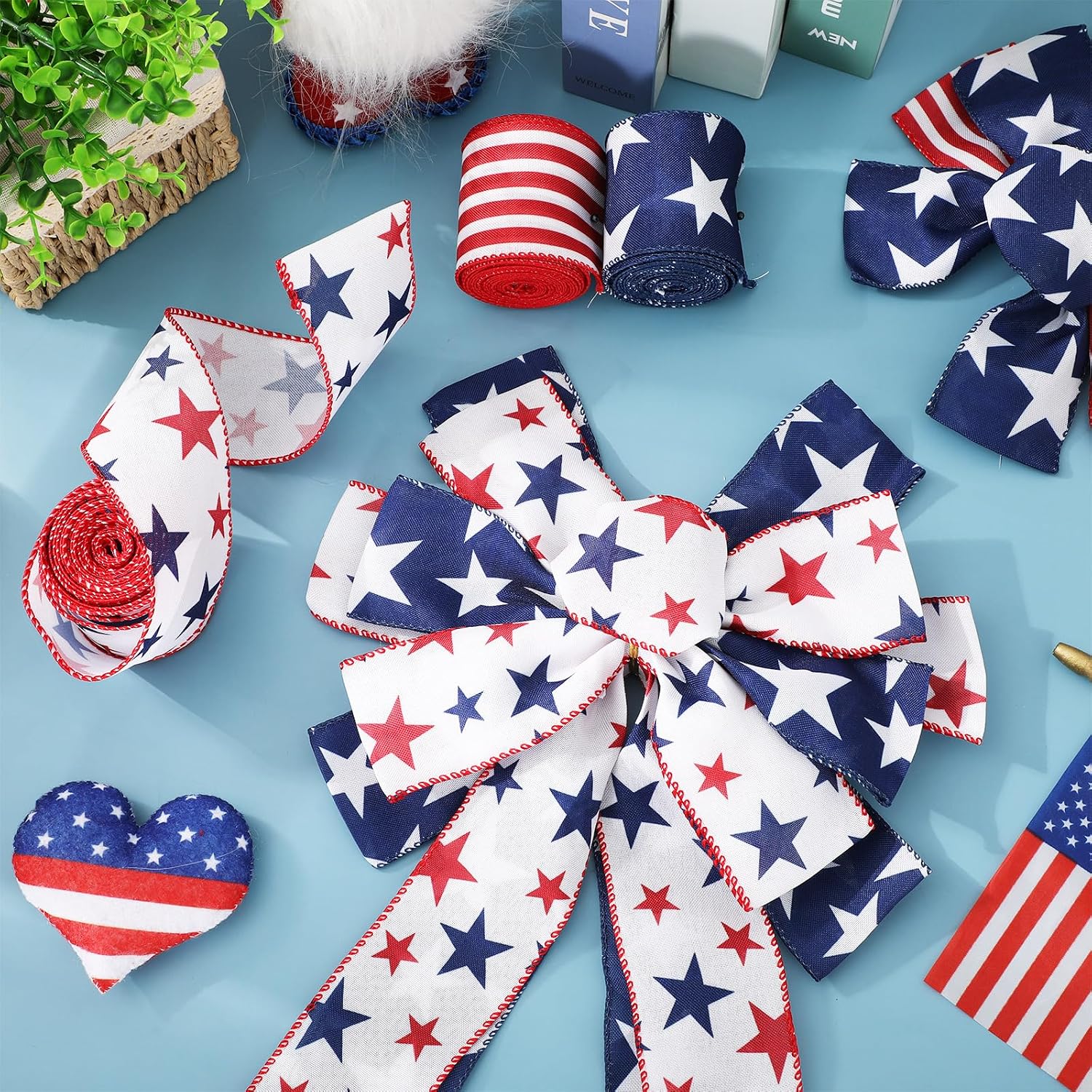 AnyDesign Patriotic Wired Edge Ribbon 2.5 in x 18 Yard 250th Anniversary Craft Ribbons Red Blue Star Stripe Fabric Ribbon for 4th of July Independence Day Wreath Bow DIY Wrapping Party Decor, 3 Rolls