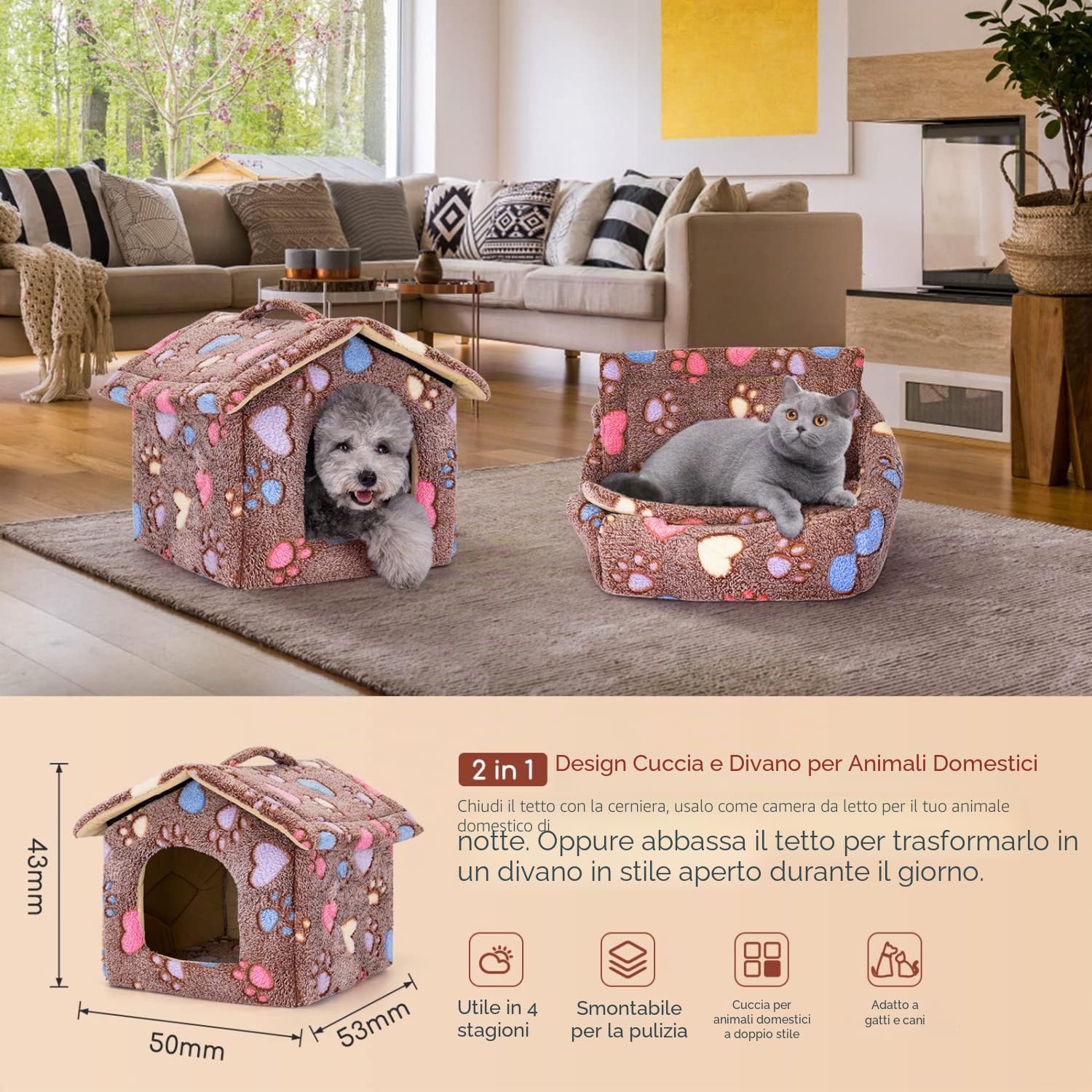 Nobleza Casetta per cani, Cozy Cuccia per Gatti e Cani Tetto asportabile Pieghevole Cuccia Gatto Chiusa Interno con materasso rimovibile 53x50x43cm L, Morbido Caldo e Lavabile Marrone