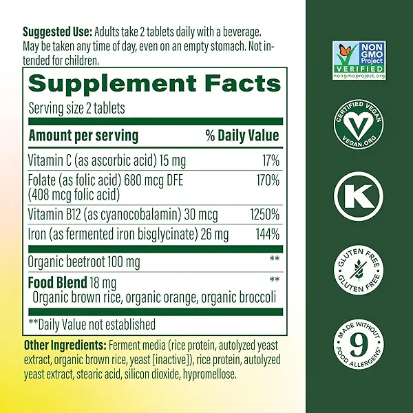 MegaFood Blood Builder Iron Supplement for Women & Men - Increase Iron Levels Without Side Effects - Combats Fatigue - Vitamin B12, Folic Acid & Vitamin C - Vegan - 72 Mini Tablets (36 Servings) 2