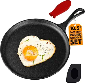 Cast Iron Griddle - Round 10.5" Pre-Seasoned Pizza Pan with Heat-Resistant Handle Cover for Stove Top, Grill, Campfire - Make Pancake, Crepe, Comales Para Tortillas, Roti, Comal - Scraper Included