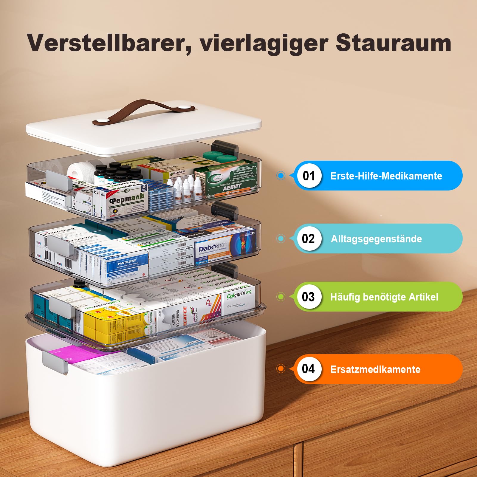 Boîte de rangement pour médicaments MOPUP à quatre compartiments avec poignée de transport, organisateur de médicaments multifonctionnel, boîte de rangement pour l'armoire à pharmacie (Extra large)