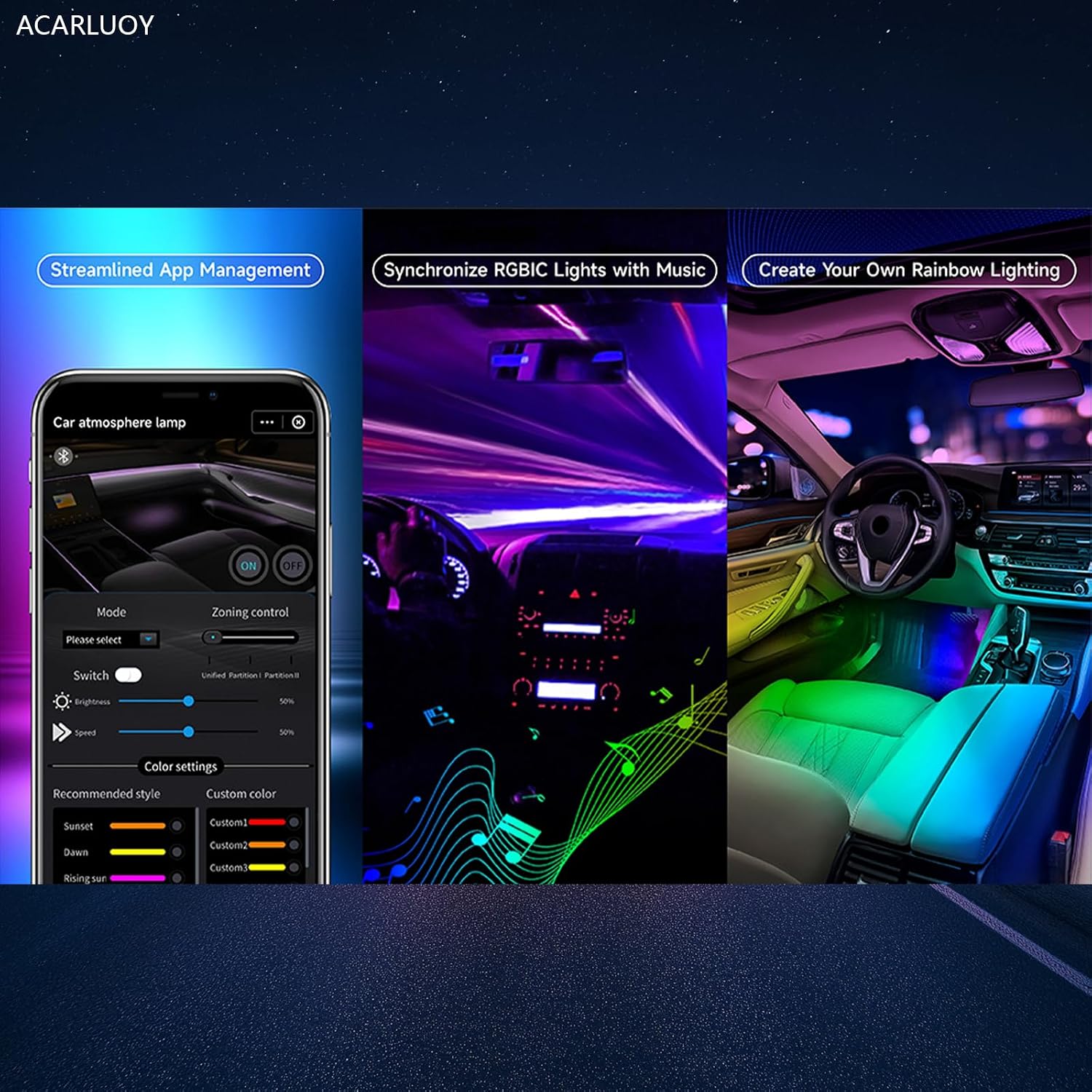 Acrylic Car Interior LED Lights, Wireless App, Ambient Lighting Kit, Fiber Optic LED Light Strips, 24 Million Colors, Music and DIY Functions
