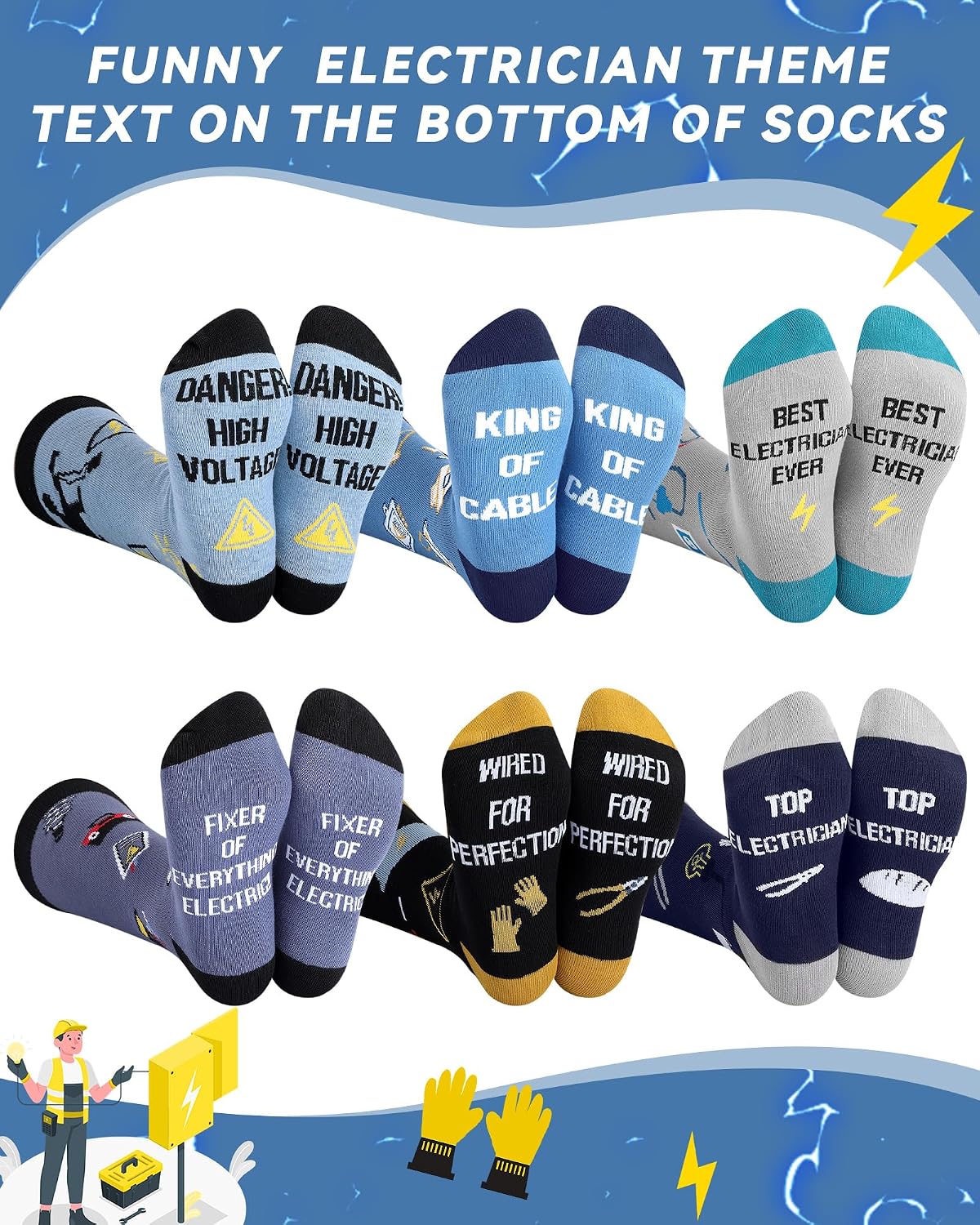 Skicuff 6 Pairs Novelty Electrician Socks for Men Funny Occupation Cotton Crew Dress Socks Birthday Father's Day Gifts for Electricians Electrical Engineers