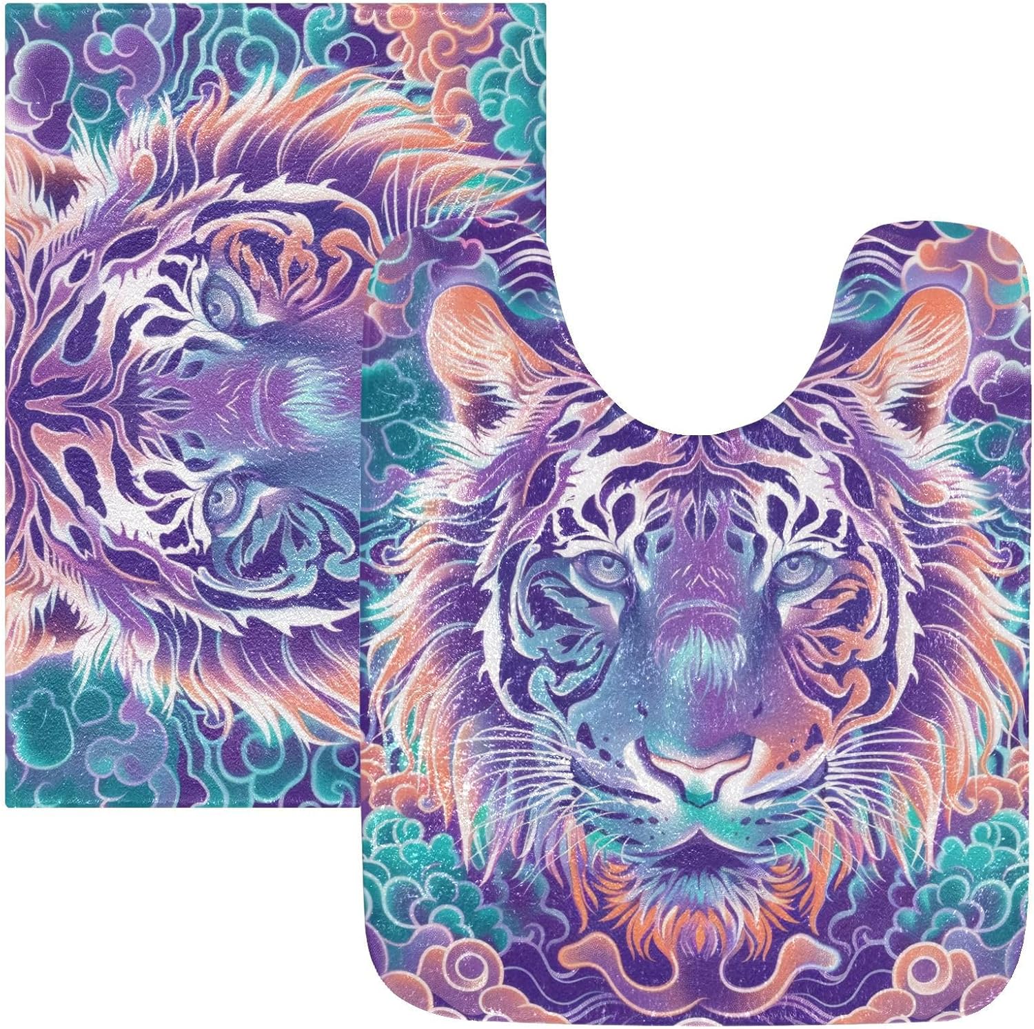 Bathroom Rug Sets 2 Piece, Soft Absorbent Non Slip Bathroom Rugs, Oriental Tiger Tattoo Bath Mats for Toilet, Shower
