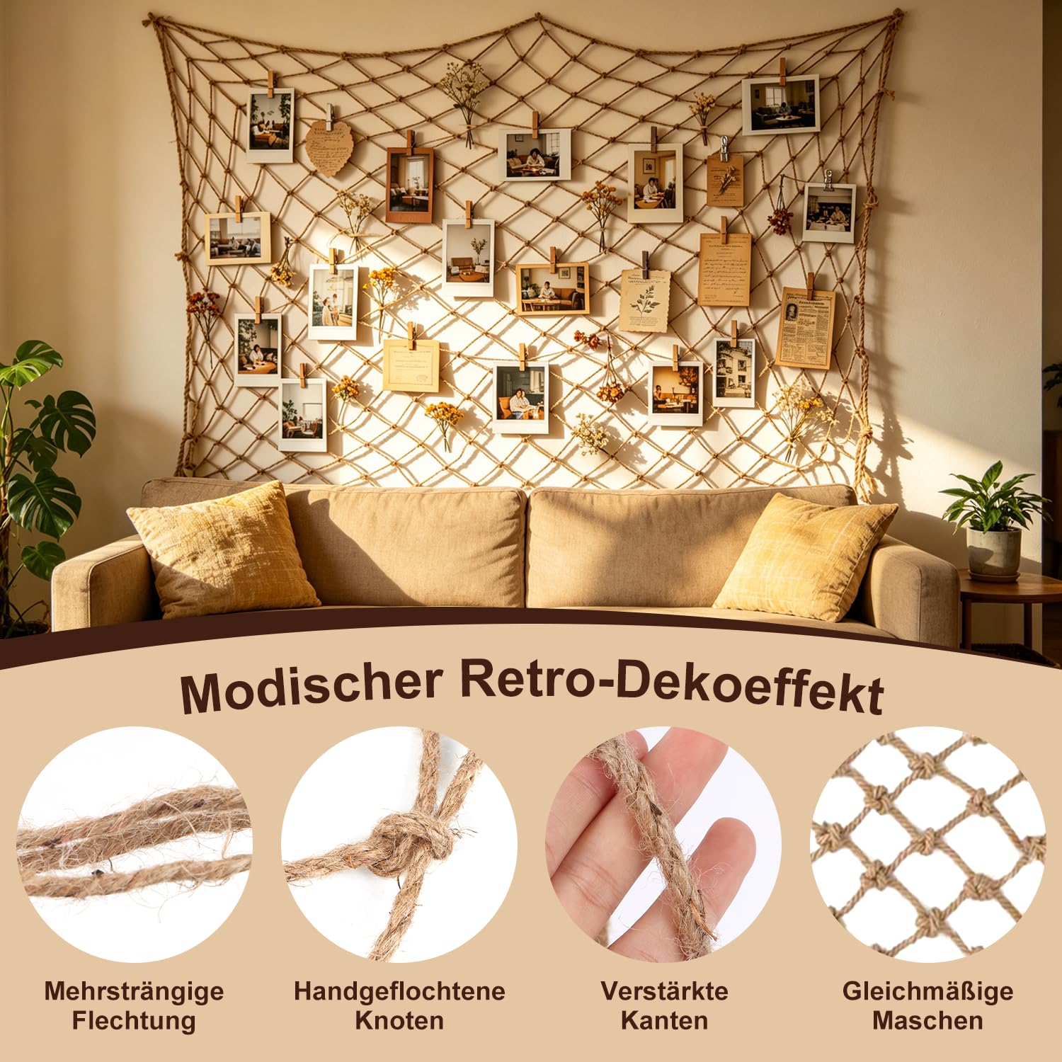 Siatka zabezpieczająca dla dzieci, siatka linowa z konopi 6 mm, 1 x 5 m | Siatka konopna, na zewnątrz, siatka na pnącza, do ogrodu, na balkon, schody, do ogrodu, na plac zabaw