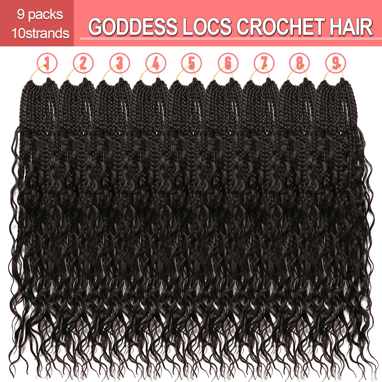 Su Mei.s Tresses de boîte de déesse, cheveux au crochet de 61 cm, 9 paquets, tresses au crochet bohème avec vagues d'eau pour femmes noires (1B#, 61 cm (lot de 9)