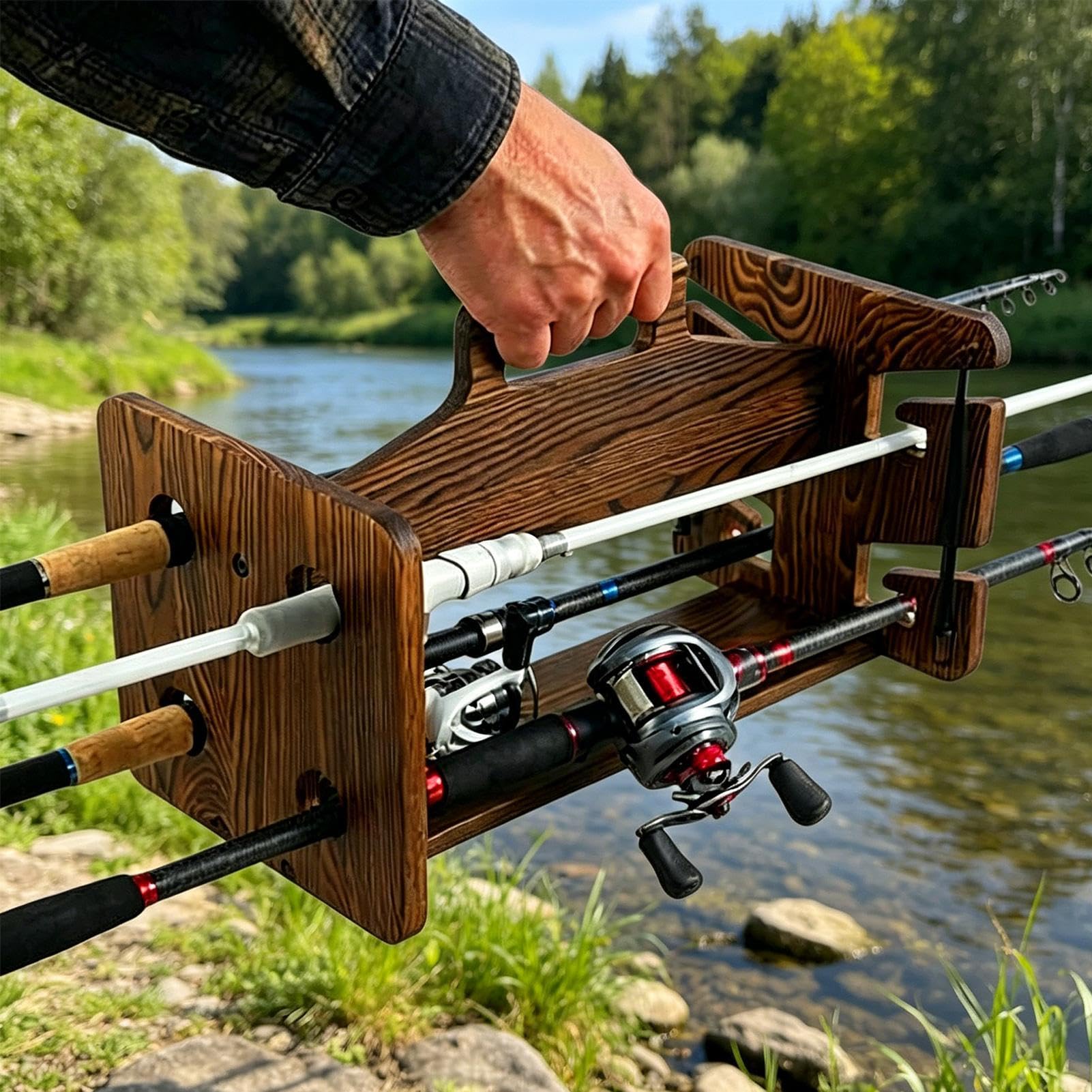 Supporto per canna da pesca, portatile, regolabile, in legno, per