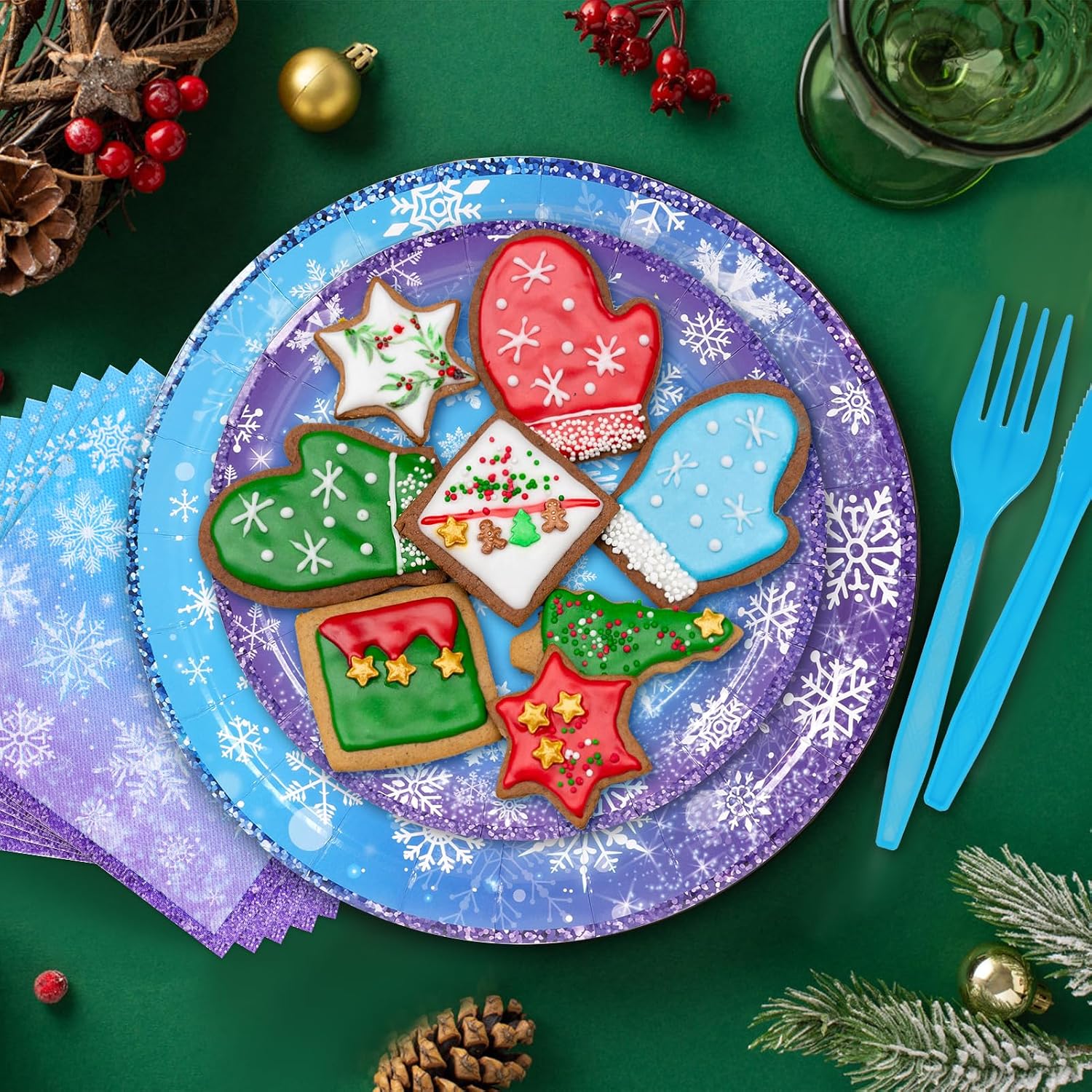 HOWAF 130pcs Winter Snowflake Frozen Disposable Tableware Winter Wonderland Tablecloth Napkins Plates Cups Knives Forks Spoons Banner for Xmas Winter Birthday Party Decorations Serve for 16
