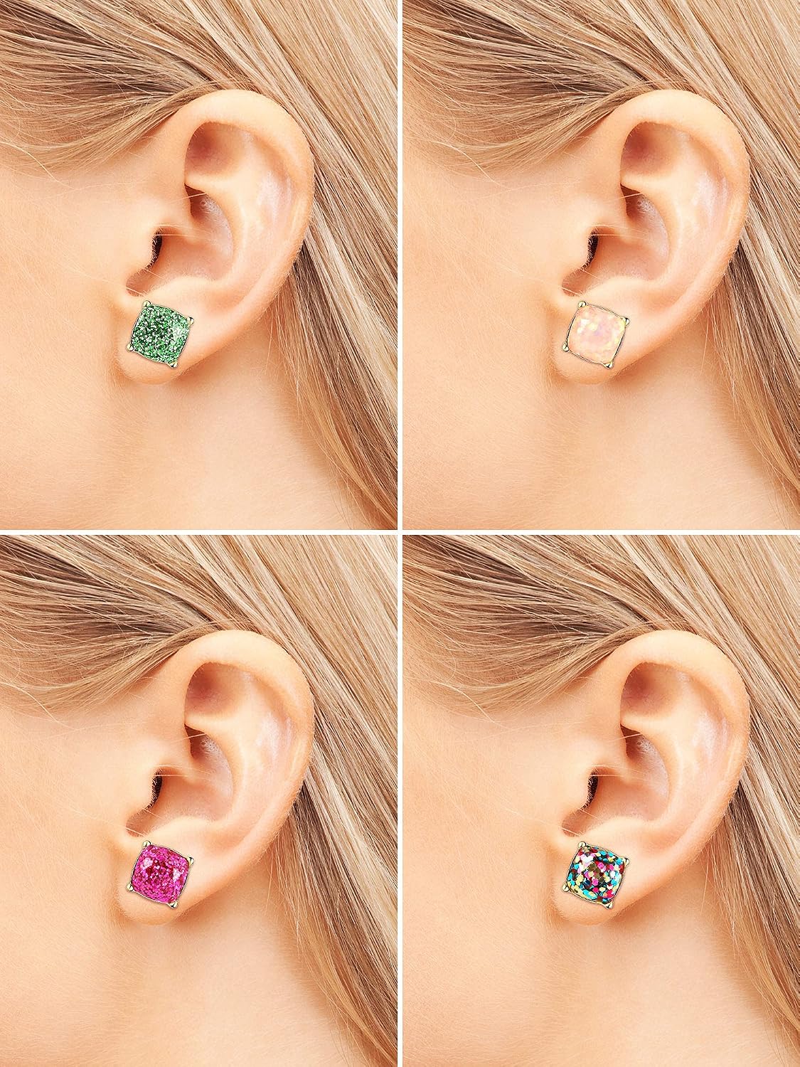 20 Pairs Druzy Stud Earrings for Women Glitter Stud Earring Princess Cut Cubic Zirconia Birthday Gifts for Women Mom Girlfriend(0.4 x 0.4 Inch,Square Style)