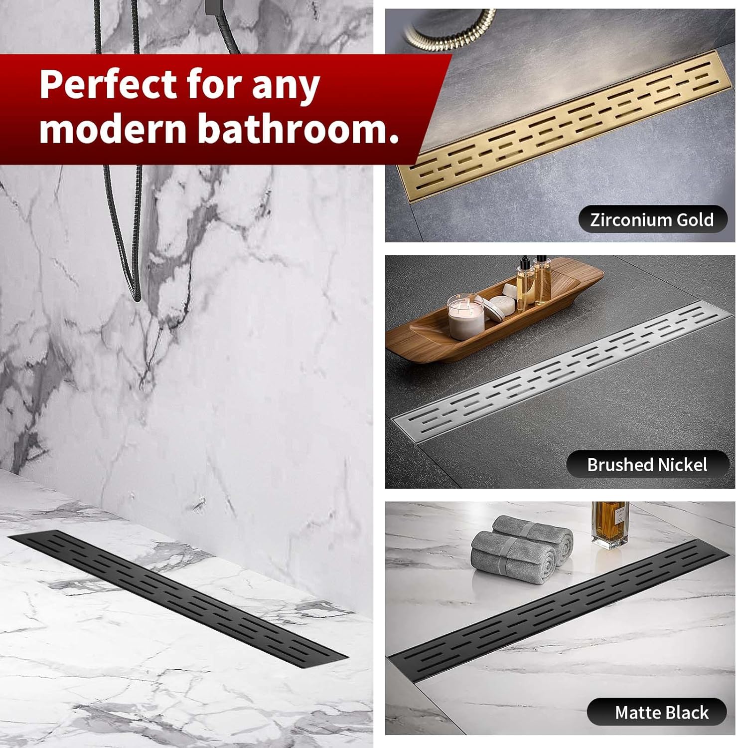Sharp-tec Linear Shower Drain, 24 inch Shower Drain with Removable Pattern Cover, Matte Black 304 Stainless Steel Rectangle Floor Drain, Adjustable Feet and Hair Strainer Included (Model 101)