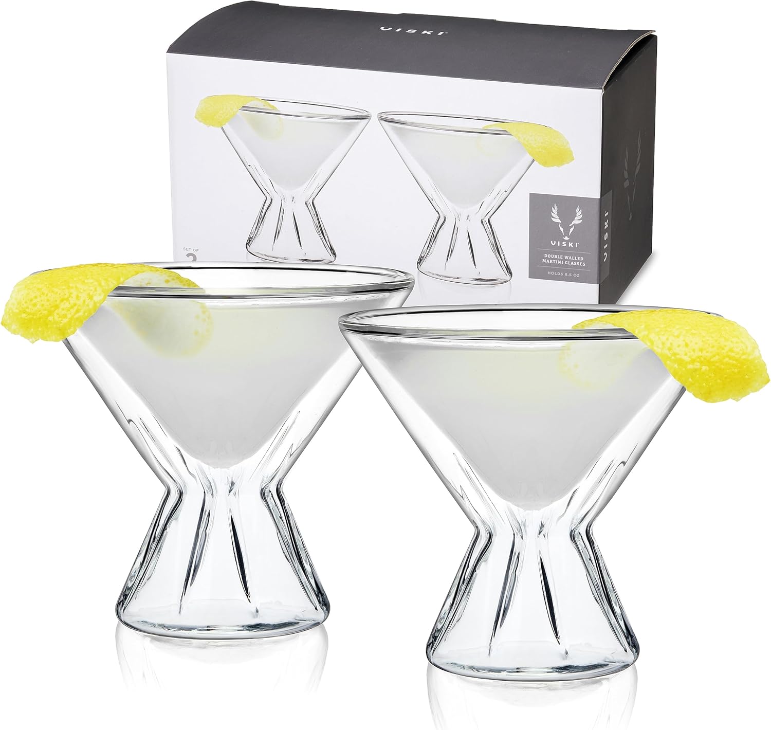Viski Double Walled Cocktail Glasses - Insulated Martini Glasses with Cut Crystal Design - Dishwasher Safe Borosilicate Glass 8.5oz Set of 2