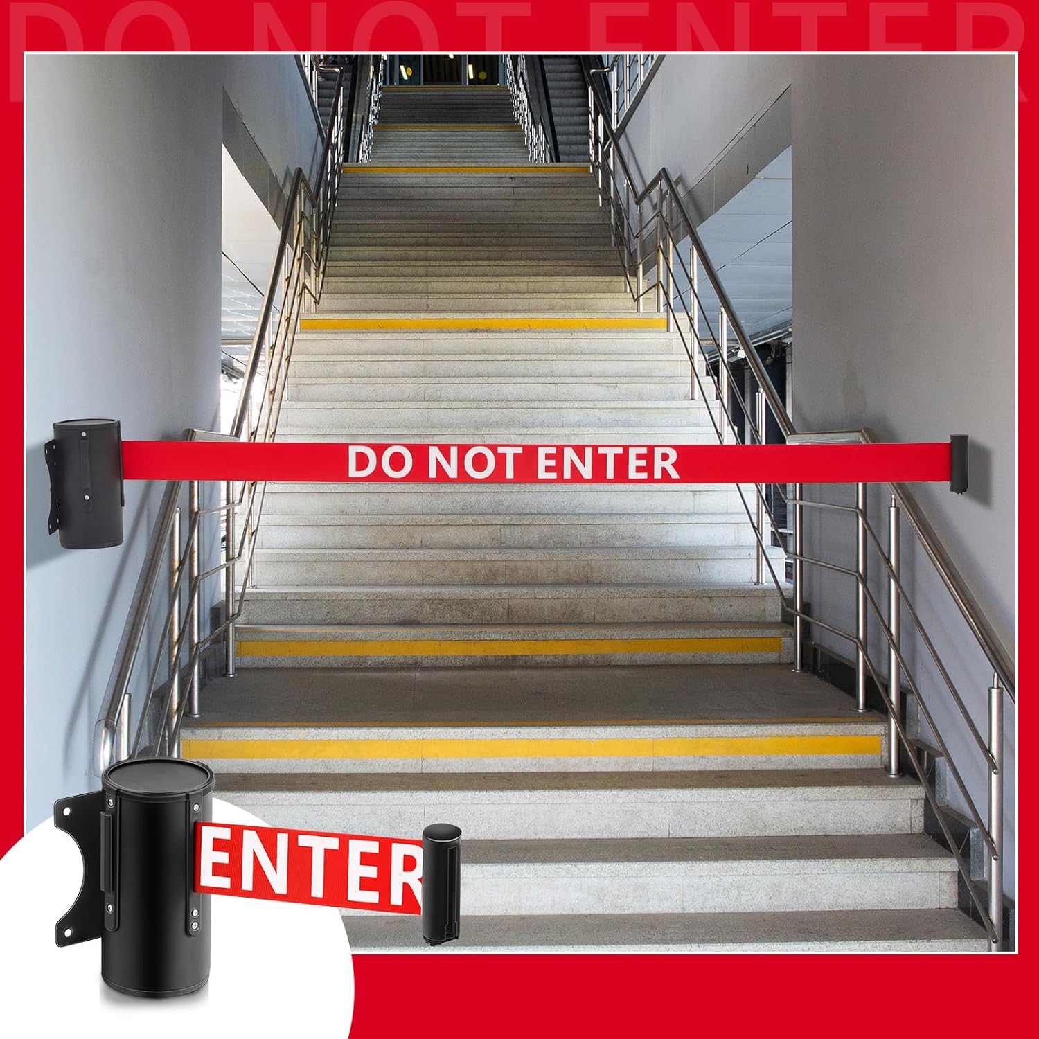 Landical 4 Pcs 16ft Wall Mount Retractable Barrier Belt Do Not Enter Sign Safety Belt Barrier Rope with Braking System Locking Button for Crowd Control Parking, Red