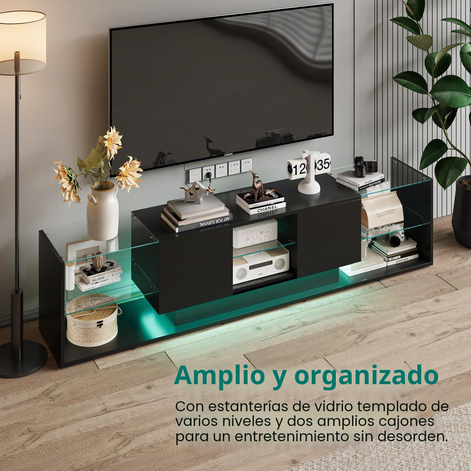 Mueble de TV con luces LED para televisores de hasta 85 pulgadas, moderno y brillante, con espacio de almacenamiento y estantes de cristal abiertos, para salón, dormitorio, color negro