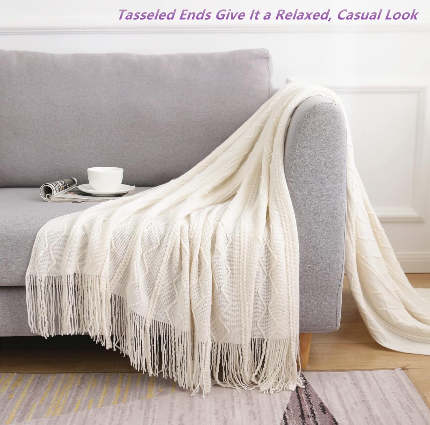Throw Blanket Knitted Decorative Blanket with Tassels, Throw Blanket for Couch, Bed, Living Room, Sofa and Chair, Soft Warm Travel Blanket for All Seasons, Off White, 50"x60"