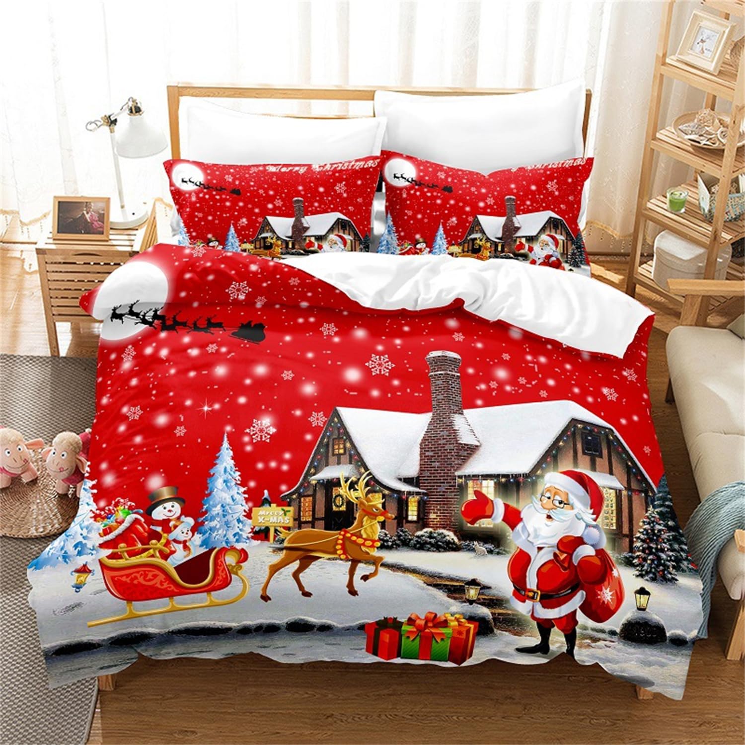 Efemir Christmas08 Red Snow Sky Scenery Single Size Duvet Cover Set For Kids Adult Cute Santa Claus Elk Sled Snowmen House Print Kids Adult Duvet Cover Bedding Set For Christmas Soft Quilt Cover Set With 1Pillowcase