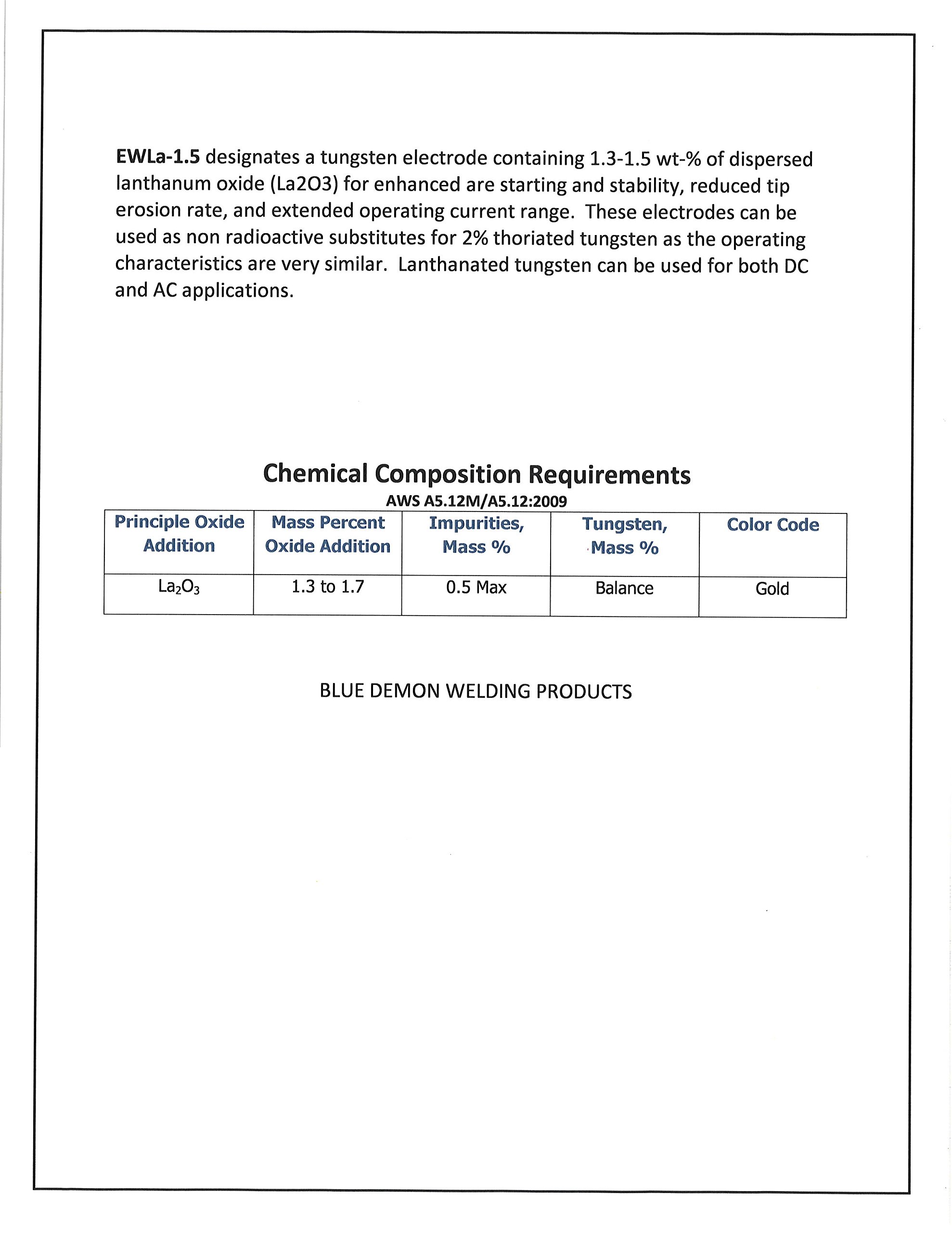 Blue Demon TIG Welding Tungsten Electrodes, 1.5% Lanthanated, GOLD, EWLa-1, 1/16 in x 7 in 10 pc pack, (TE15L-116-10T)