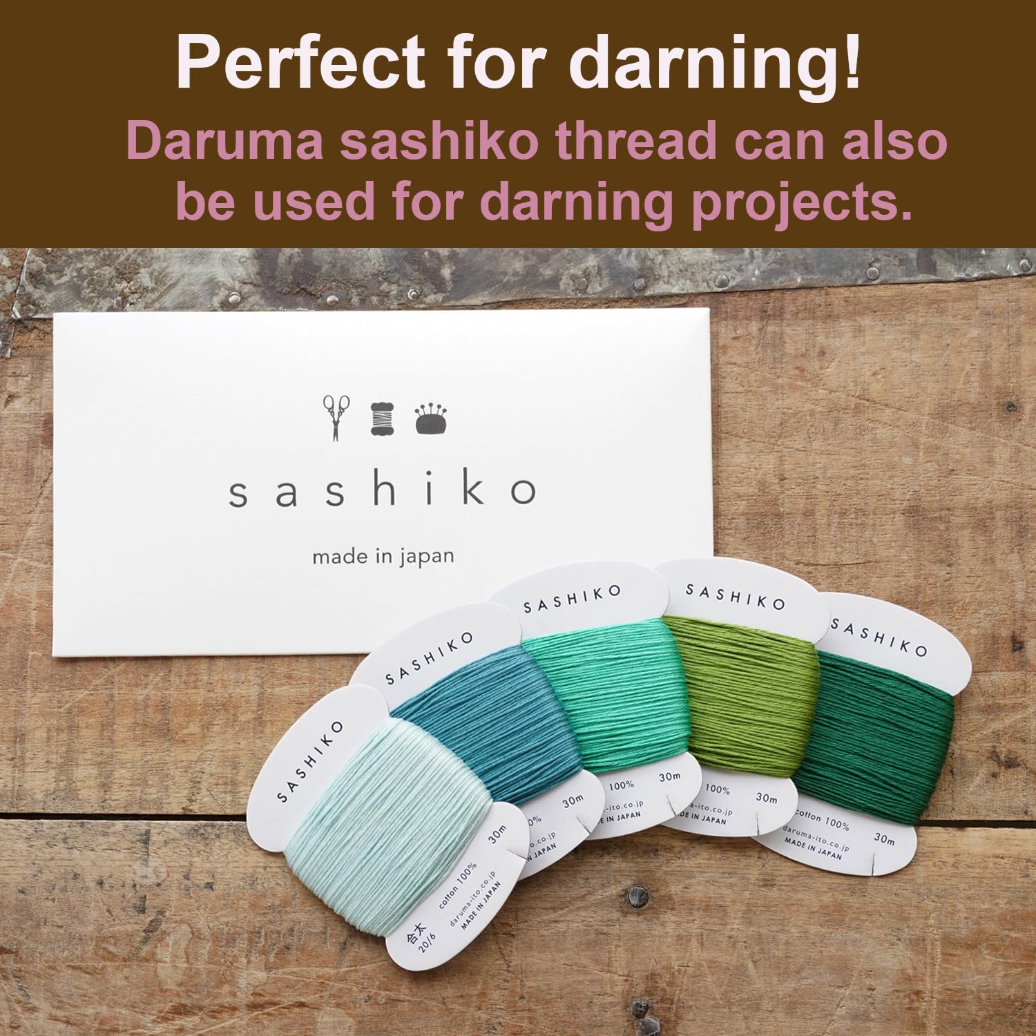 DARUMA - Set di fili per Sashiko in 100% cotone (30 m), confezionato su un cartoncino, 5 colori, con manuale in inglese, set per cucito e ricamo (spesso, Komorebi)