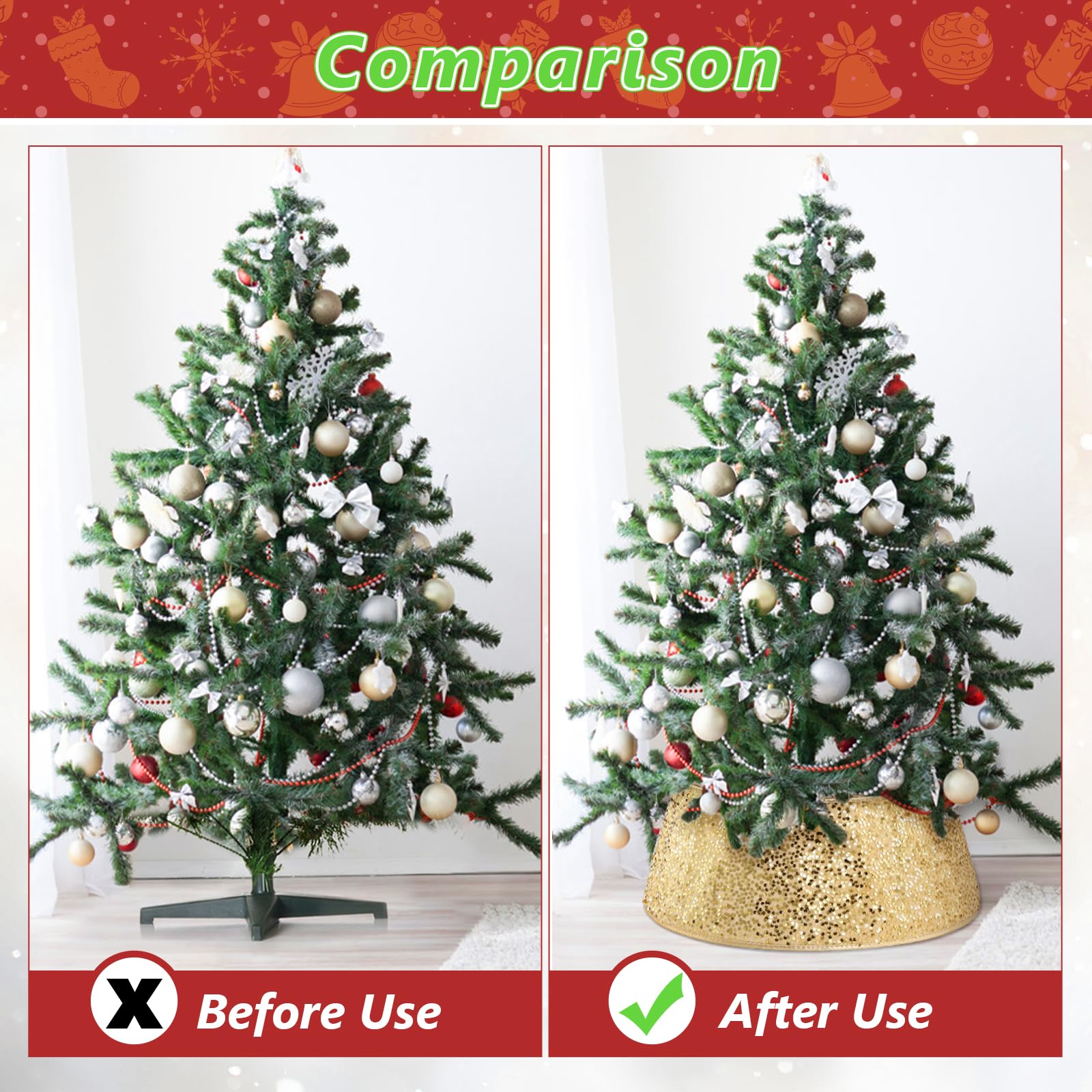 LIHAO Copri Base Albero Natale Oro Glitter, 40×20×60CM, Anello per Albero di Natale