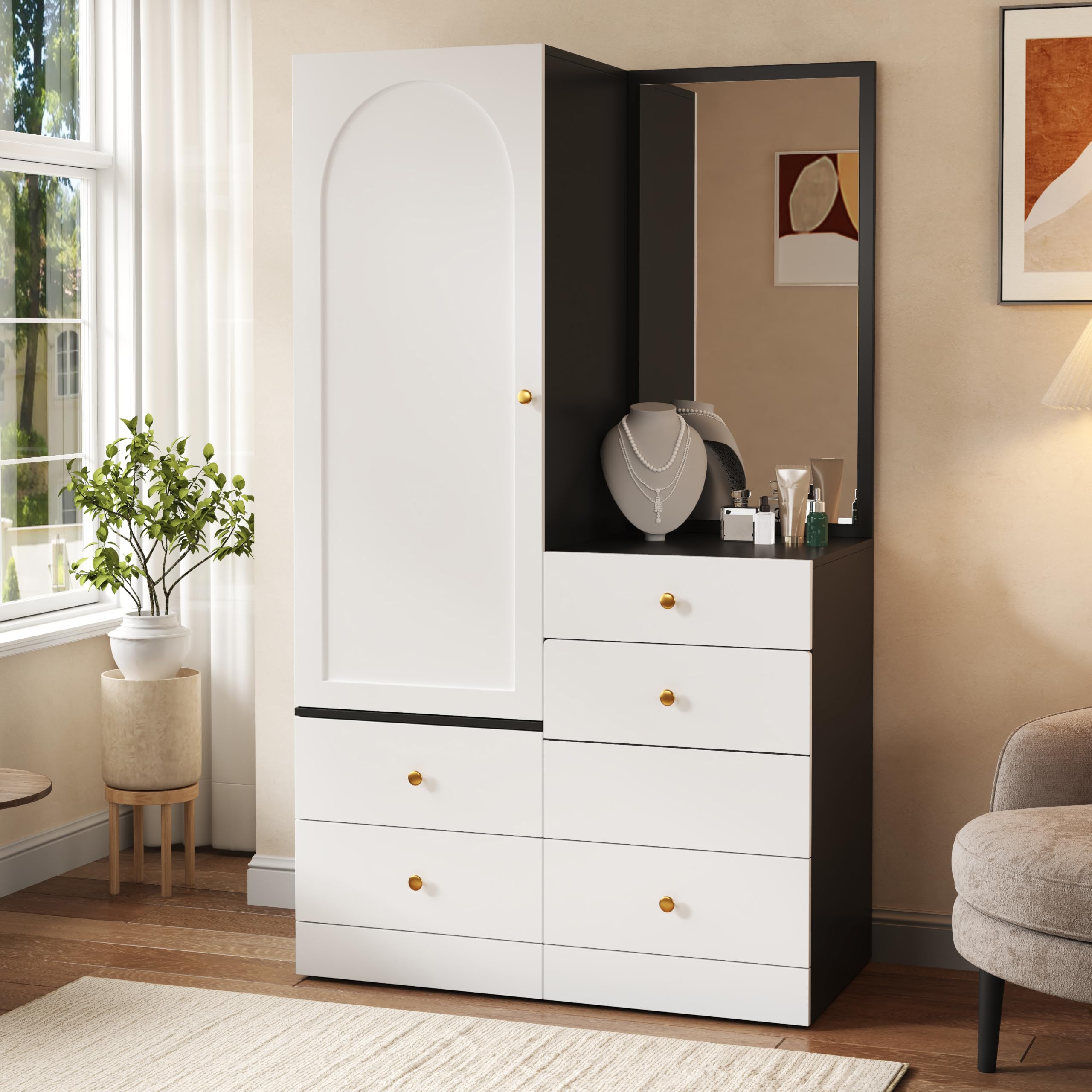 Mueble de maquillaje con cajones divididos y espejo de cuerpo entero para organizar ropa y cosmética