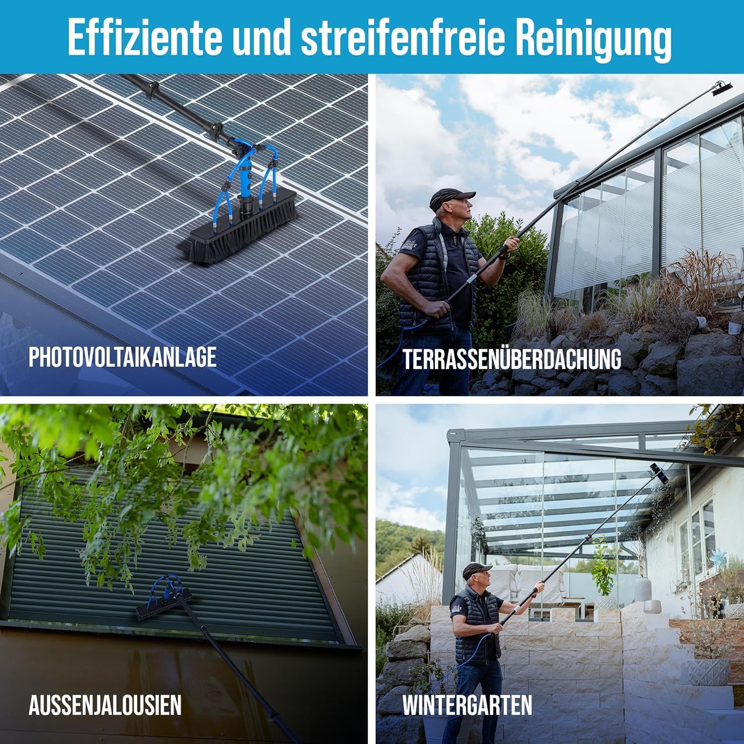 4,6m Teleskop Waschbürste - Teleskopstiel ausziehbar [4-in-1 10-TLG.] Reinigungsset Teleskopstange Fensterreinigung Wintergarten Wasseranschluss PV Anlage Reinigung