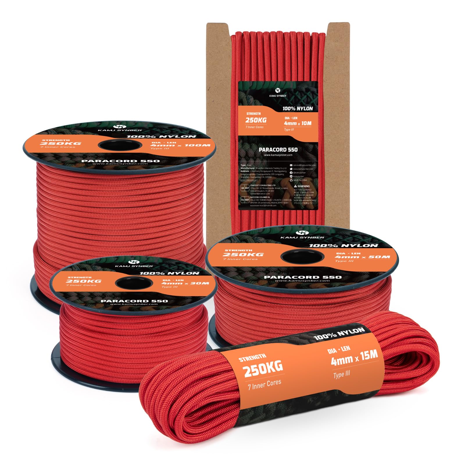 Kamu Synber 550 Paracord 4mm 10m Type III 7 Strands 100% Nylon Rope Parachute Cord Ideal for Crafting, DIY, Camping, Survival, Outdoor | Support 250kg | Red