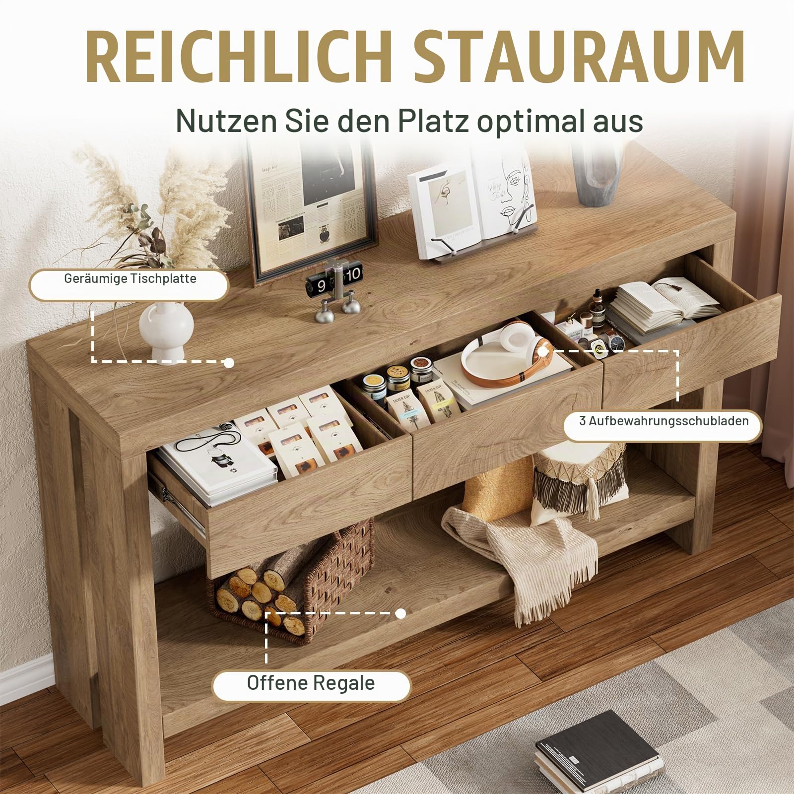 Konsolentisch mit 3 Schubladen Schmaler Eingangstisch 140CM Langer Sofatisch mit Stauraum Beistelltisch 29.5CM Breit Flurtisch hinter dem Sofa 2 Ebenen Ausstellungstisch für Wohnzimmer, Flur, Eingang