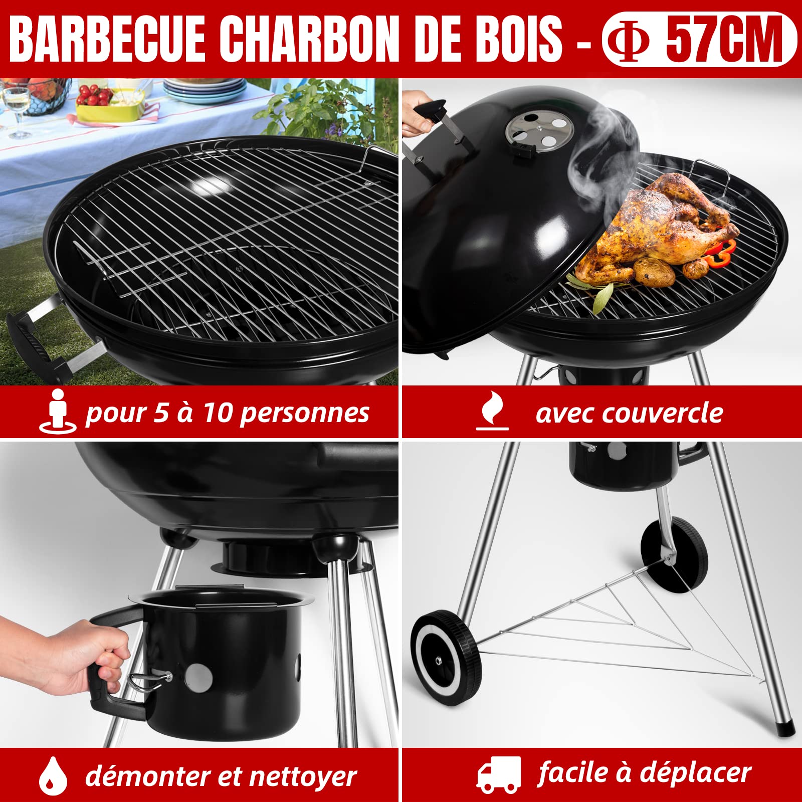 Barbecue à Charbon Rond dia. 57cm BBQ Mobile Barbecue Grill Portable de Jardin, avec Couvercle et 2 Roues - 60 * 57 * 82cm