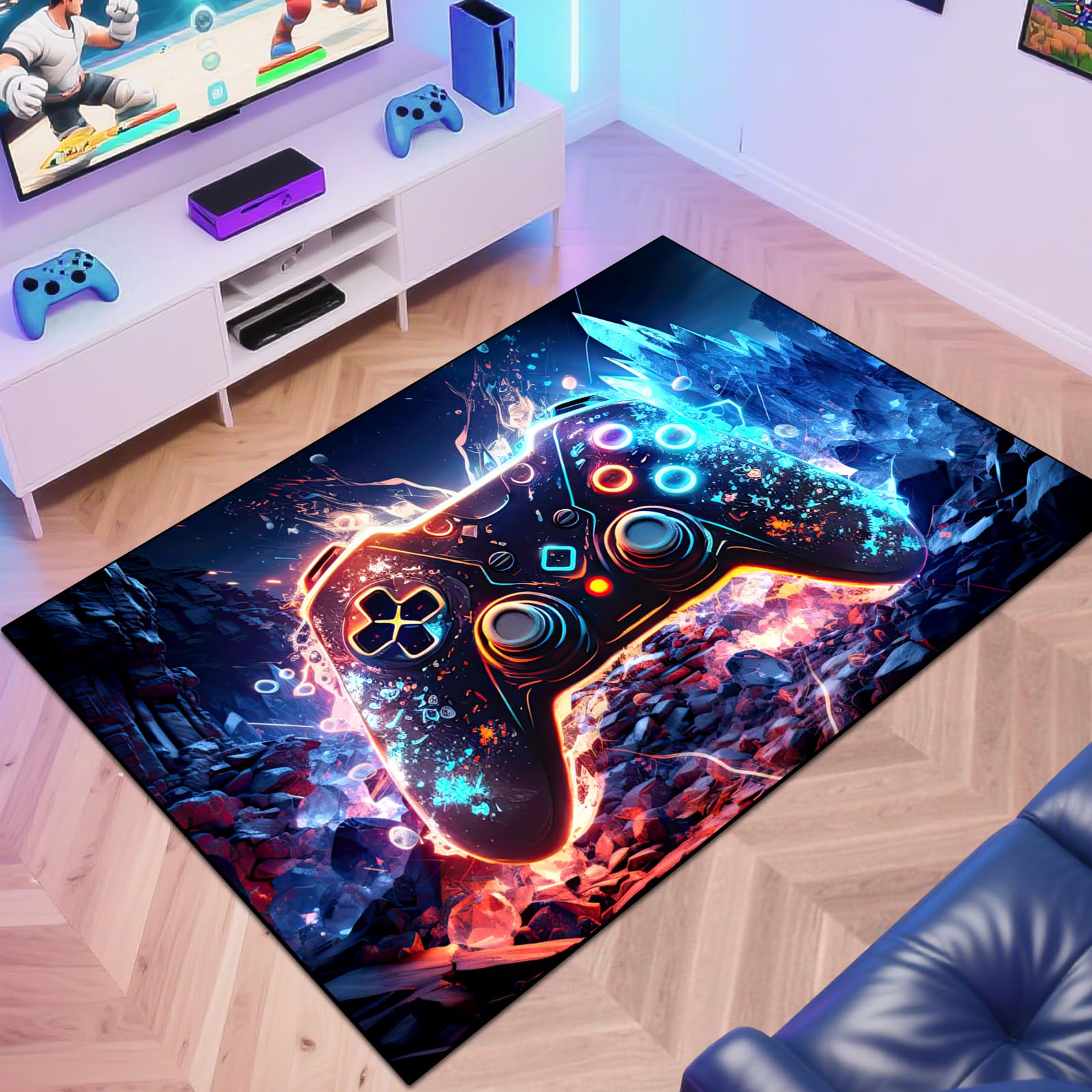 Gaming Area Rug Teen Boys Carpet, Colorful Gamepad Background Game Controller Design for Game Room, Boys Girls Bedroom Playroom, Living Room (Crystal