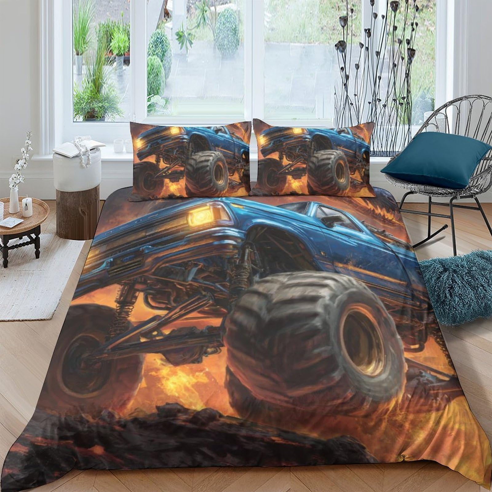 Ctjqhvkz Style-3 3D Printed Monster Truck Fitted Sheet Microfiber Soft Anti-Slip Bed Sheet Fire Racing Mattress Cover For Bedroom Decor Single（135X200cm）