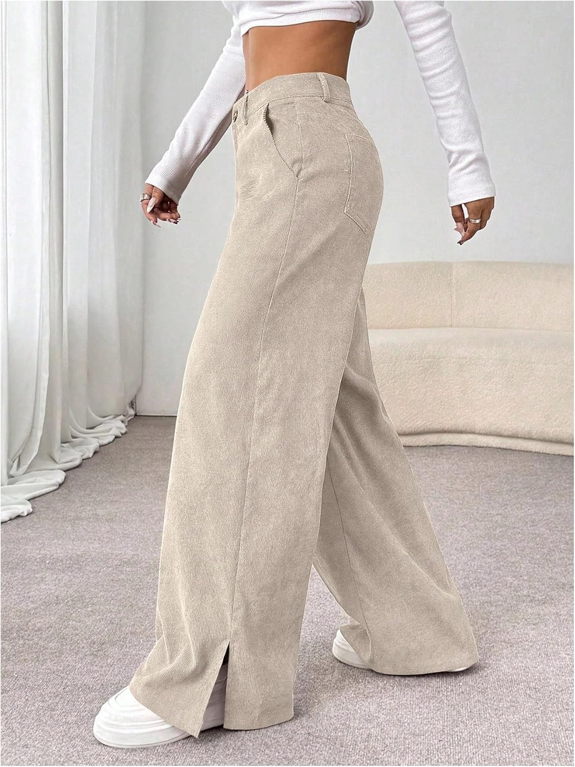 SweatyRocks Women's Corduroy Wide Leg Baggy Pants Casual Split Low Waist Long Fall Trousers with Pockets