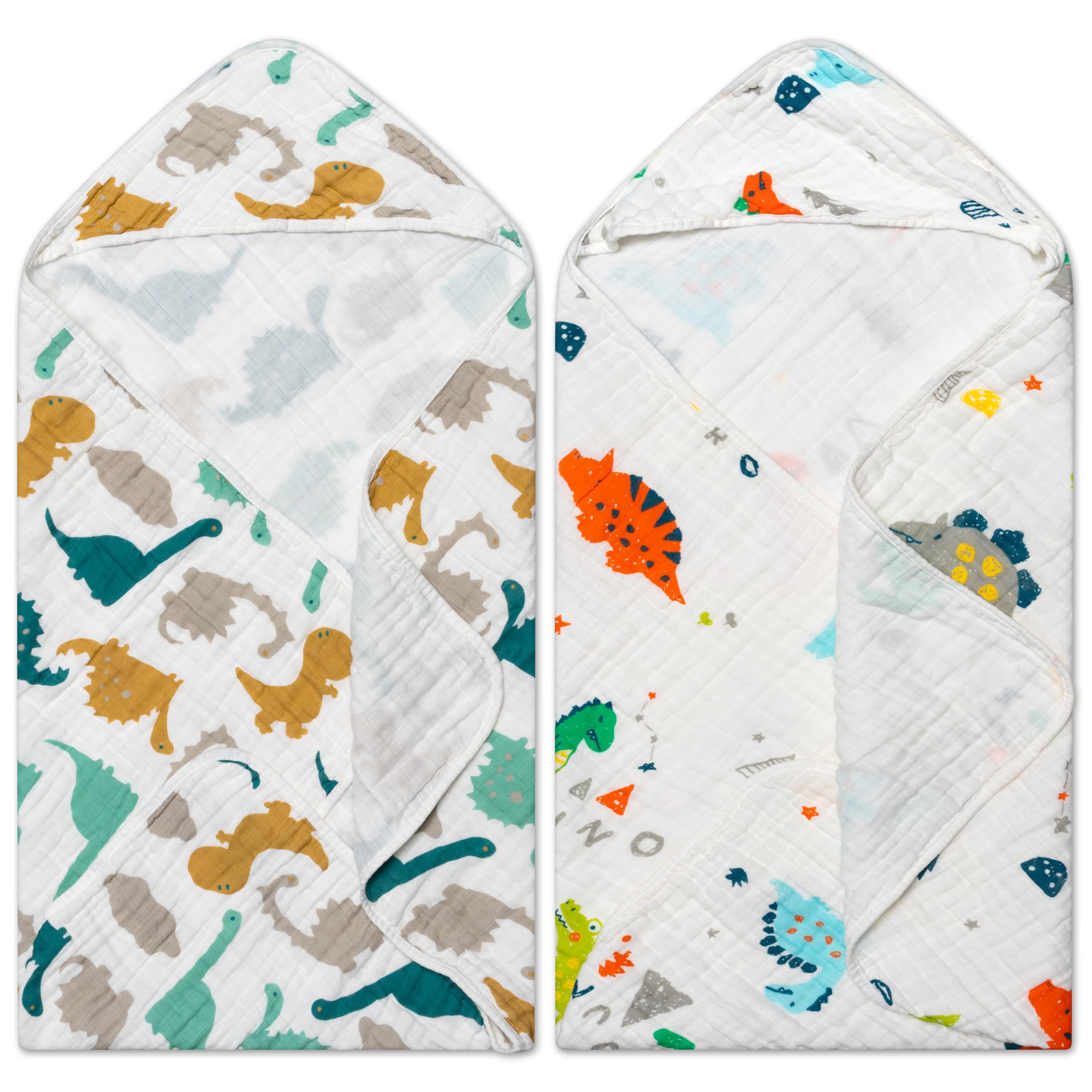 Zainpe 2Pcs Muslin Baby Hooded Towel Dinosaurs Pattern Soft Cotton Absorbent Bath Towel Blanket Set for Infant Shower