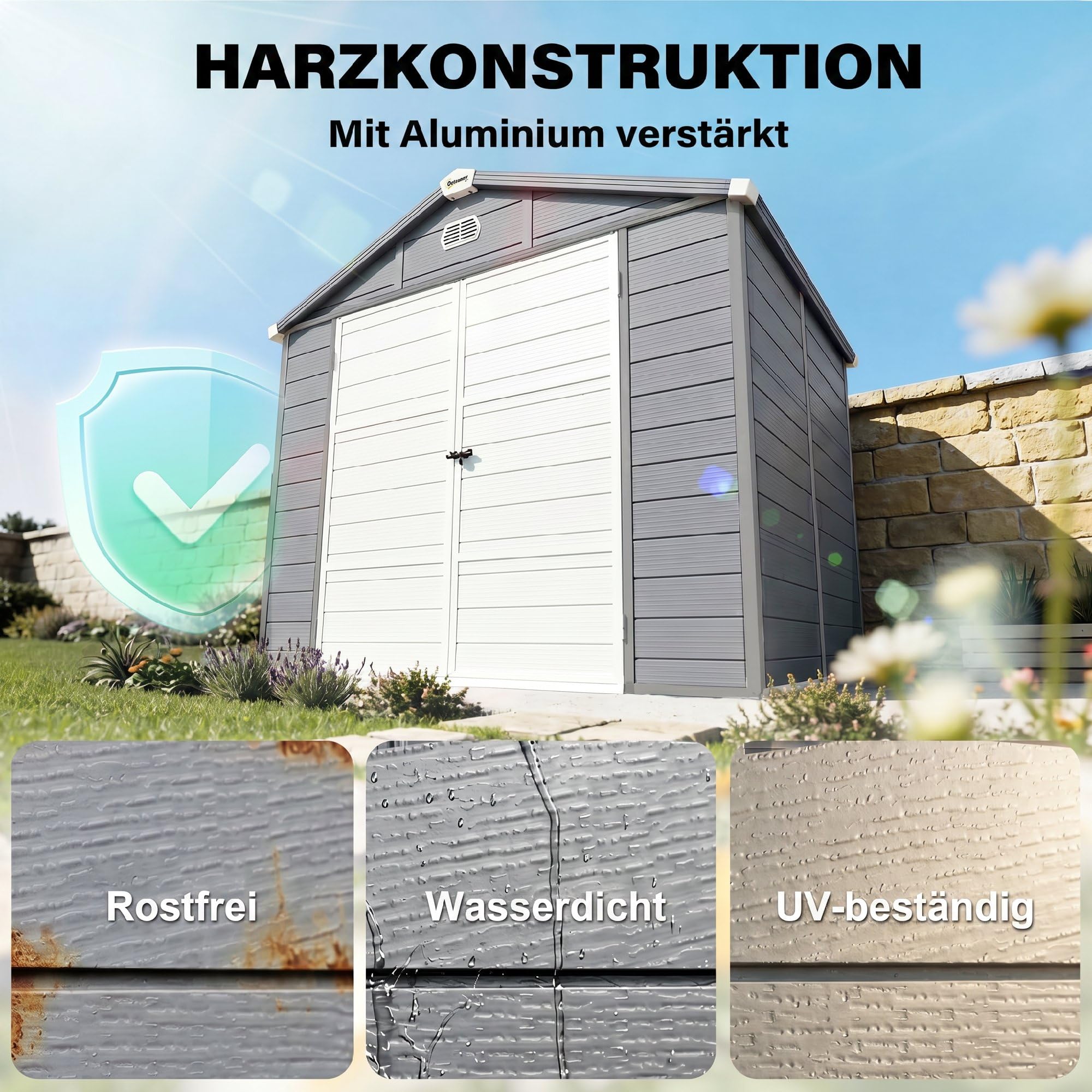 Outsunny Gerätehaus 4,1 m³, Gartenhaus mit Pultdach, 240 x 190 x 180/228 cm, Schütschuppen mit Abschließbar Tür, Fenster, Fahrradgark aus Aluminium, für Hinterhof, Garten, Grau