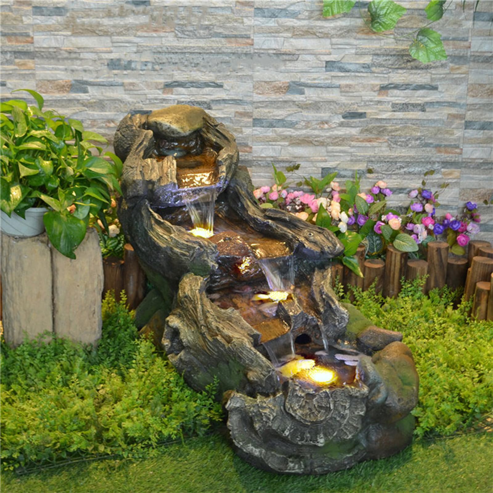 Sunlinua 37" L Tree Trunk Outdoor Water Fountain with 3-Tiers