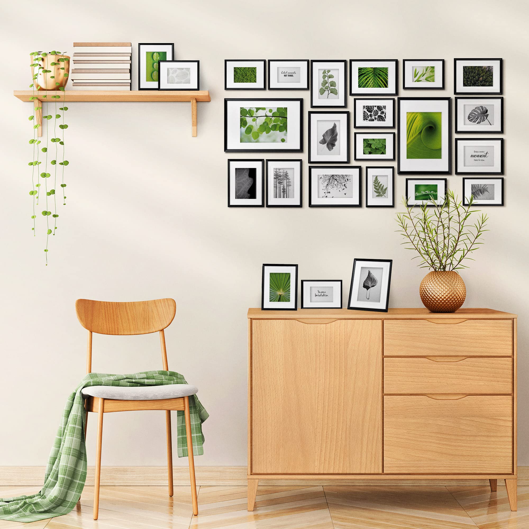 bomoe 24er Bilderrahmen Set Fotorahmen Collage aus Holz mit Passepartout | 10x10x15 8x13x18 4x15x20 2x20x30cm Schwarz & Kunststoff Bilder Rahmen Fotowand Bilderwand Wohnzimmer Fotocollage Nature