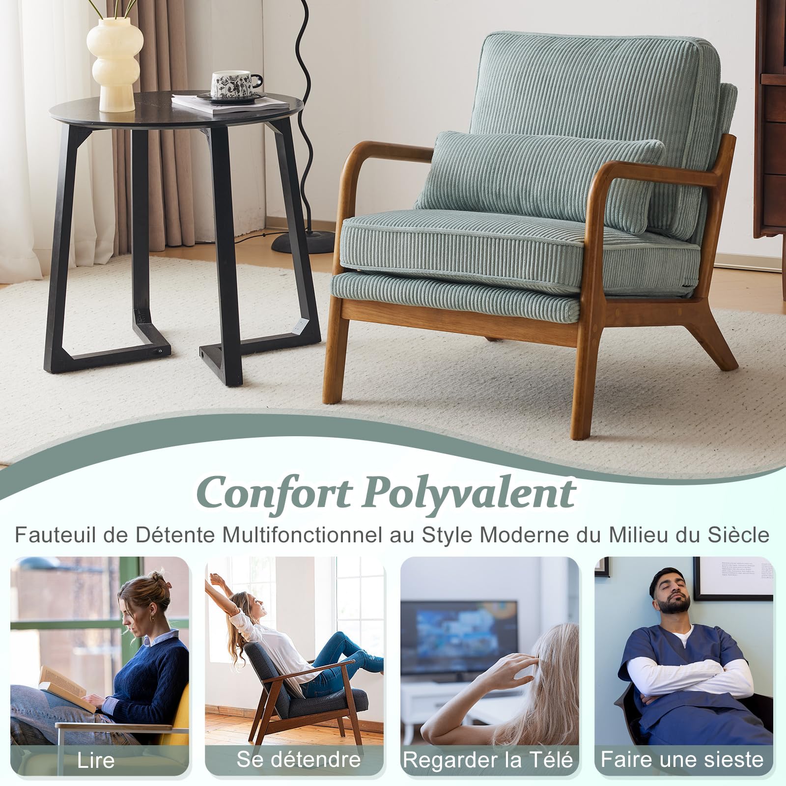 Bonnlo Poltrona Salotto in Legno e Velluto a Coste 65 x 82 x 75cm, Poltroncina Camera da Letto con Braccioli Curvi e Cuscino Lombare, Lounge Chair Design da Lettura e Soggiorno (Azzurro Grigio)